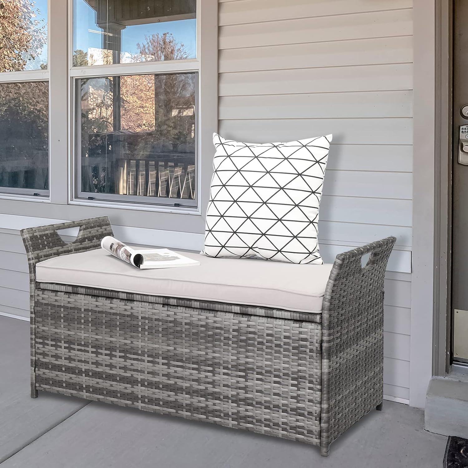 Pvillez PE Rattan Outdoor Storage Bench with Comfy Beige Seat Cushion - 33 Gallon Grey Wicker Deck Storage Box for Patio, Porch, Garden, Balcony - Perfect for Storing Yard Tools, Pool Toys & Outdoor Cushions | Weather-Resistant & Space-Saving Solution