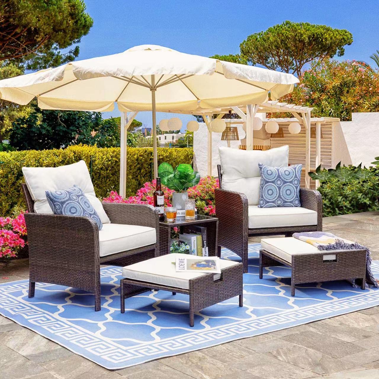 Shintenchi 5-Piece All-Weather PE Wicker Patio Furniture Set with Cushioned Lounge Chairs & Ottoman - Outdoor Rattan Conversation Set for Lawn, Pool, Balcony, Garden & Backyard Relaxation