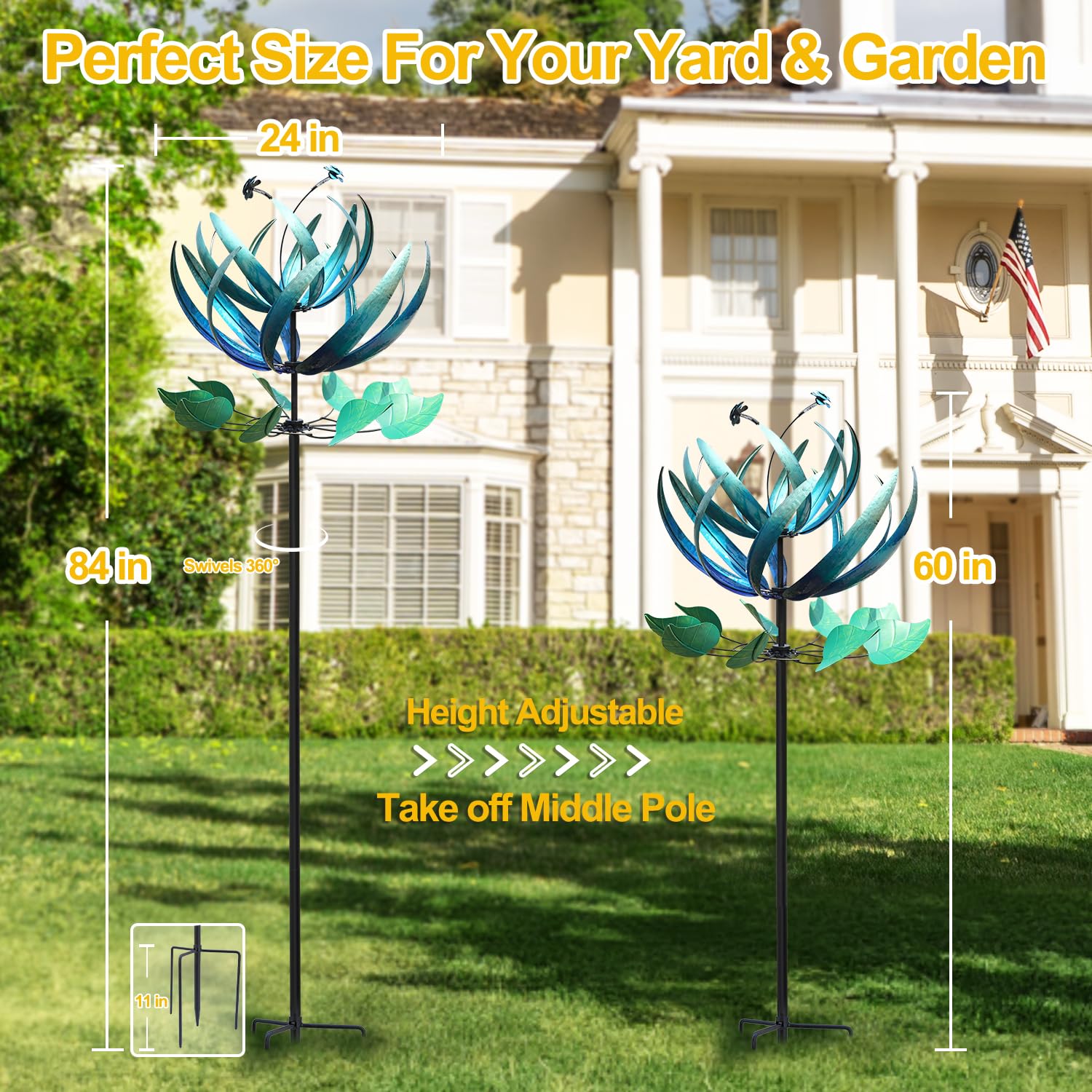 LimeHill Large Metal Wind Spinner for Yard & Garden Decor - 24x84 Inch Blue Lotus Wind Spinner Outdoor Decorations | Perfect for Patio, Lawn, Backyard & Garden Decoration