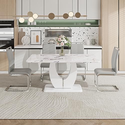 White Table With 4 Light Grey Chairs