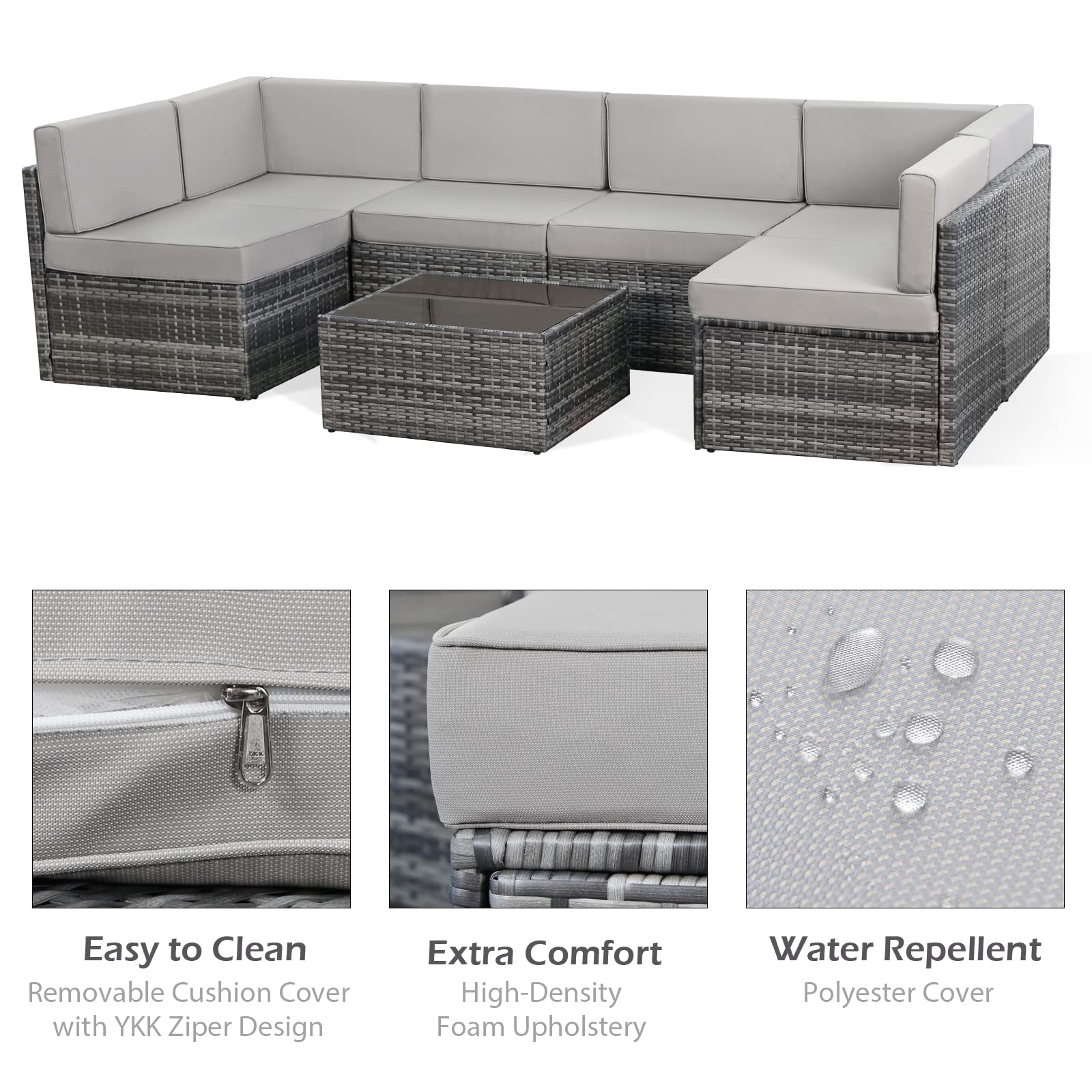 AECOJOY 7-Piece Outdoor Patio Furniture Set with Coffee Table - Waterproof PE Rattan Sectional Sofa & Grey Cushions - Perfect for Garden, Backyard, Poolside & Outdoor Entertaining