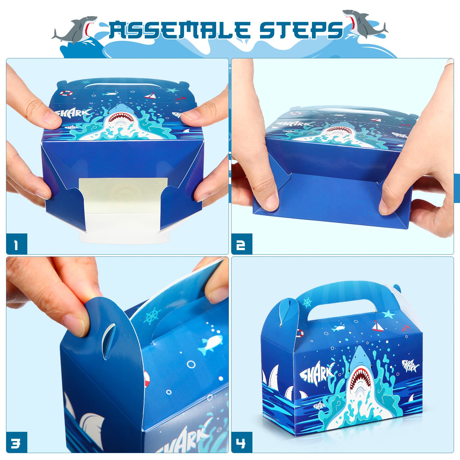 24 Pack Shark Party Favor Boxes 4.8x2.4x2.76 Inch - Mini Gable Goodie Bags for Candy, Ocean Theme Party Supplies - Perfect for Kids Birthday, Baby Shower, Beach & Pool Party Decorations (Blue)