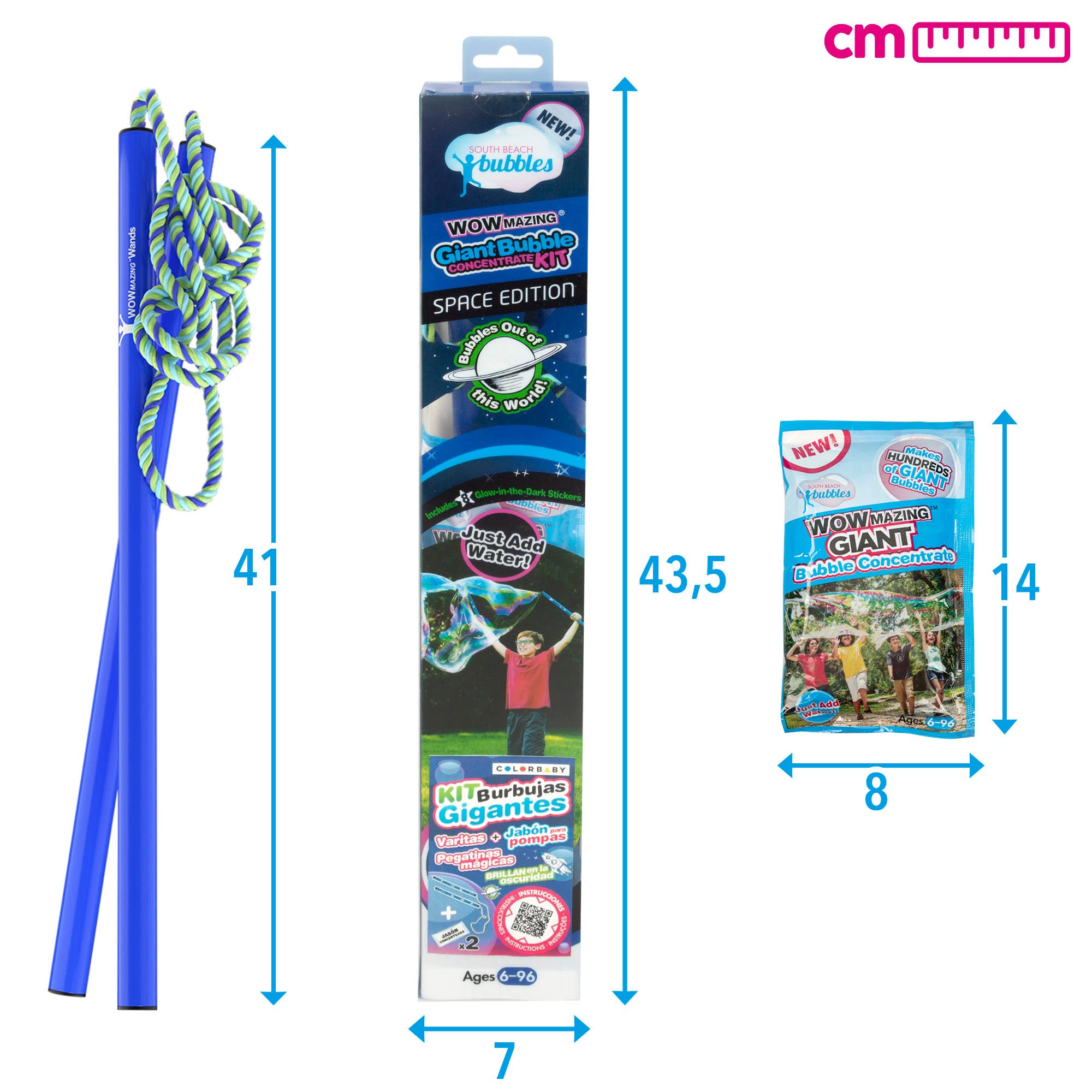 WOWMAZING Giant Bubble Kit for Kids - Space Theme with Wand, 2 Big Bubble Concentrate Pouches & 8 Glow-in-The-Dark Stickers | Outdoor Party, Birthday, Backyard Fun | Made in USA | STEM Learning Toy for Boys & Girls