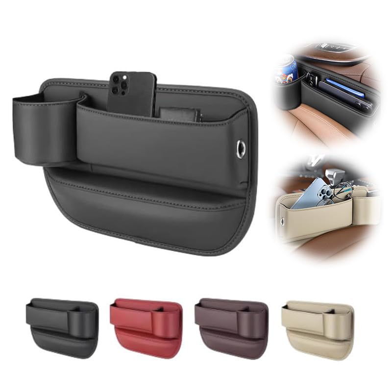 2024 New Car Leather Cup Holder Gap Bag - Adjustable Car Seat Storage Organizer for Glasses, Phones, Keys & Cards - Waterproof Leather Seat Gap Filler with Cup Holder (Black) - Perfect for Road Trips, Daily Commute & Organized Car Storage