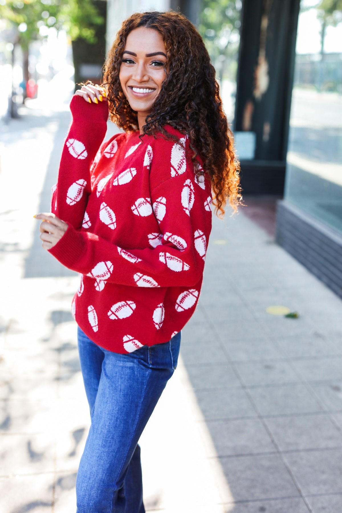 Game Day Red Football Print Jacquard Knit Sweater for Men - Cozy Team Spirit Pullover for NFL Fans, Tailgating & Winter Sports