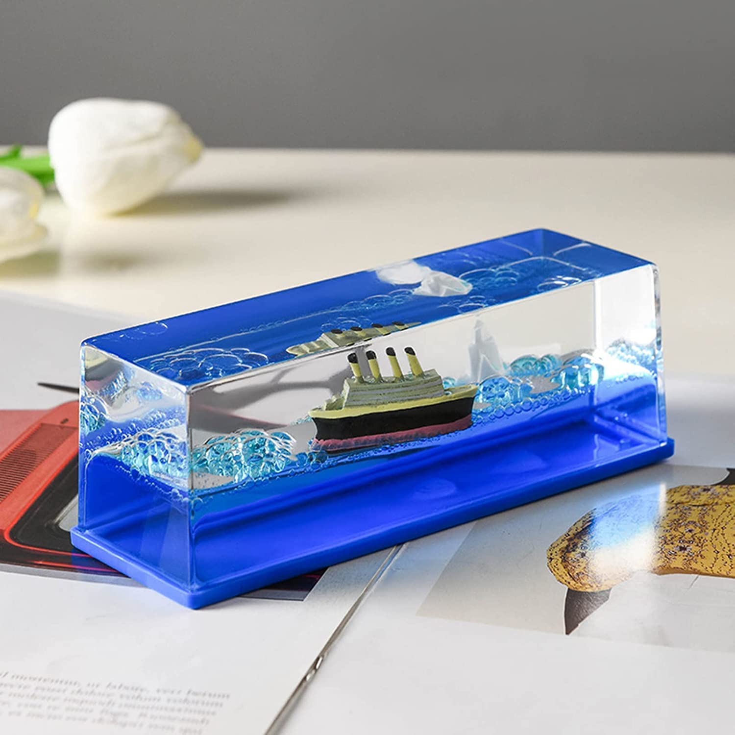 BIRDLINE Titanic Cruise Ship Liquid Wave Motion Decoration - Unsinkable Cruise Ship Model with Iceberg, Home & Car Decor, Paperweight, Gift Idea for Office Desk | Perfect for Nautical Themed Rooms, Collectors, and Titanic Enthusiasts