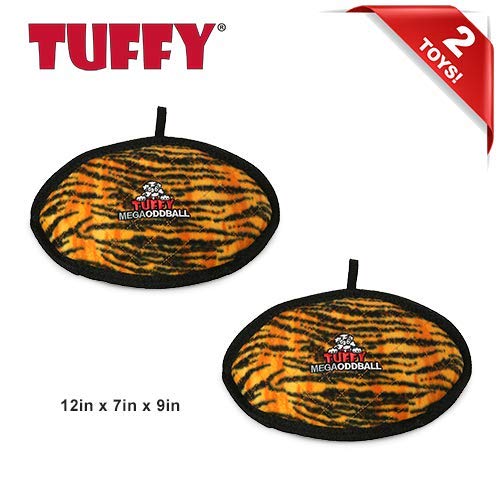 TUFFY - World's Toughest Soft Dog Toy - MEGA Odd Ball - No Squeakers - Multi-Layer Durable Design for Aggressive Chewers - Interactive Play (Tug, Toss & Fetch) - Machine Washable & Floats - Tiger Print 2-Pack - Perfect for Outdoor Play, Beach Trips & Water Fetch Games