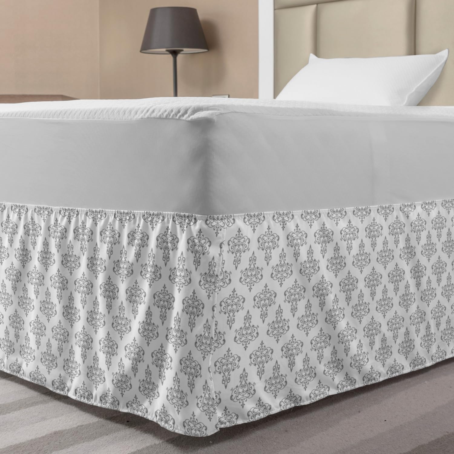 Ambesonne Abstract Elastic Bed Skirt - Modern Chandelier Damask Print Dust Ruffle for Twin/Twin XL Beds, White & Pale Grey | Perfect for Contemporary Bedroom Decor & Guest Room Styling