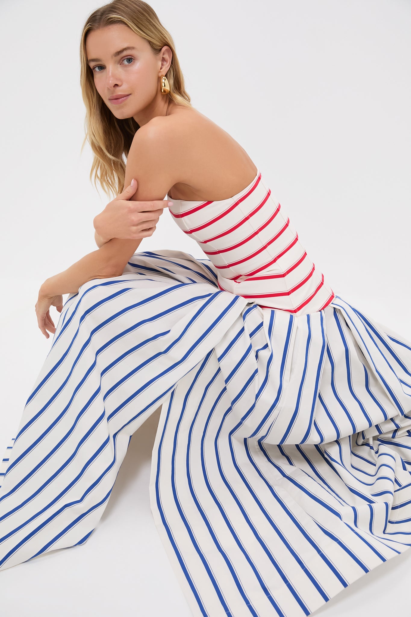 Elegant Blue Stripe Strapless Drop Waist Evening Gown for Prom, Wedding & Formal Events | Flattering A-Line Silhouette