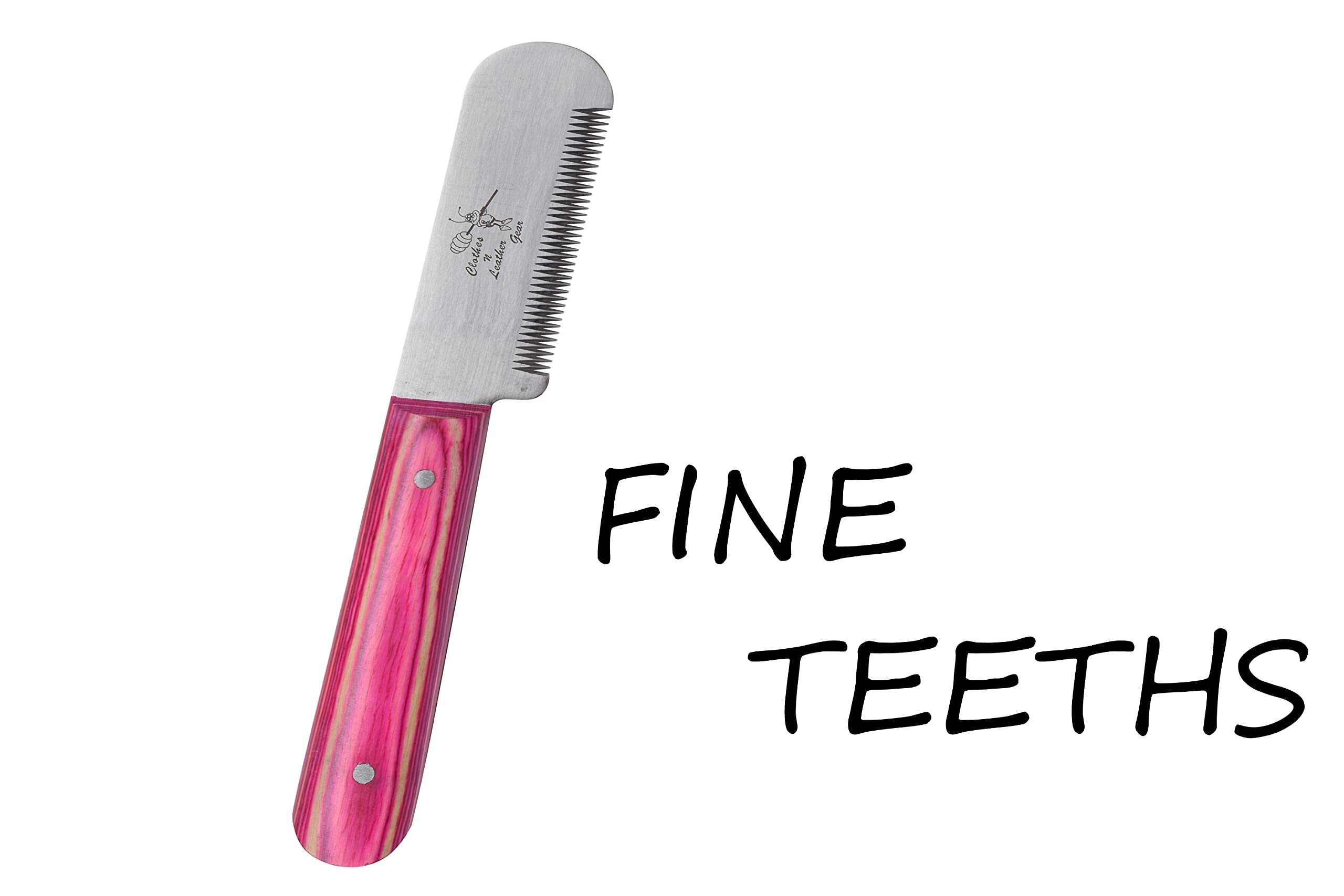 Professional 3 Inch Stainless Steel Stripping Knife with Wooden Handle - Right Handed Tool (Fine Teeth, Pink) | Perfect for Leatherworking, Upholstery & DIY Crafts