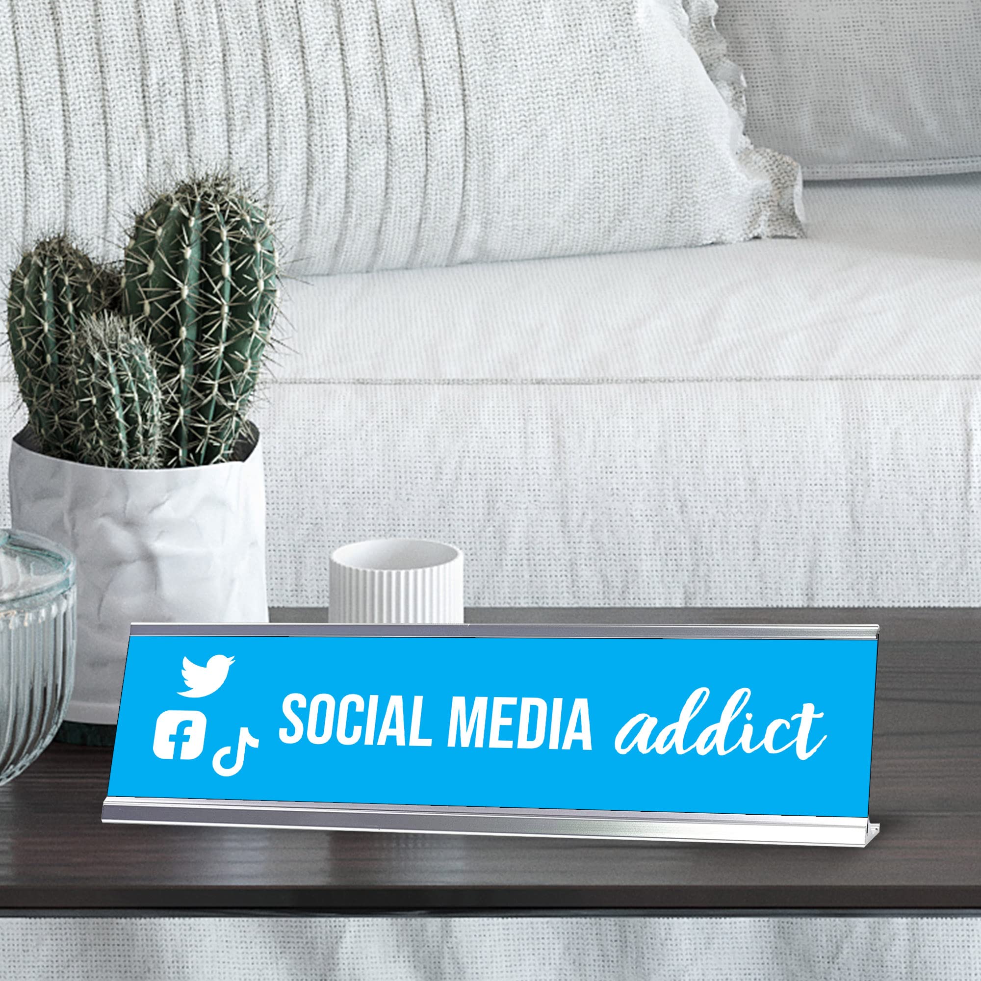 Light Blue Silver Frame Social Media Addict Desk Sign (2x8”) - Perfect for Office Decor, Workstation Motivation & Social Media Manager Gifts