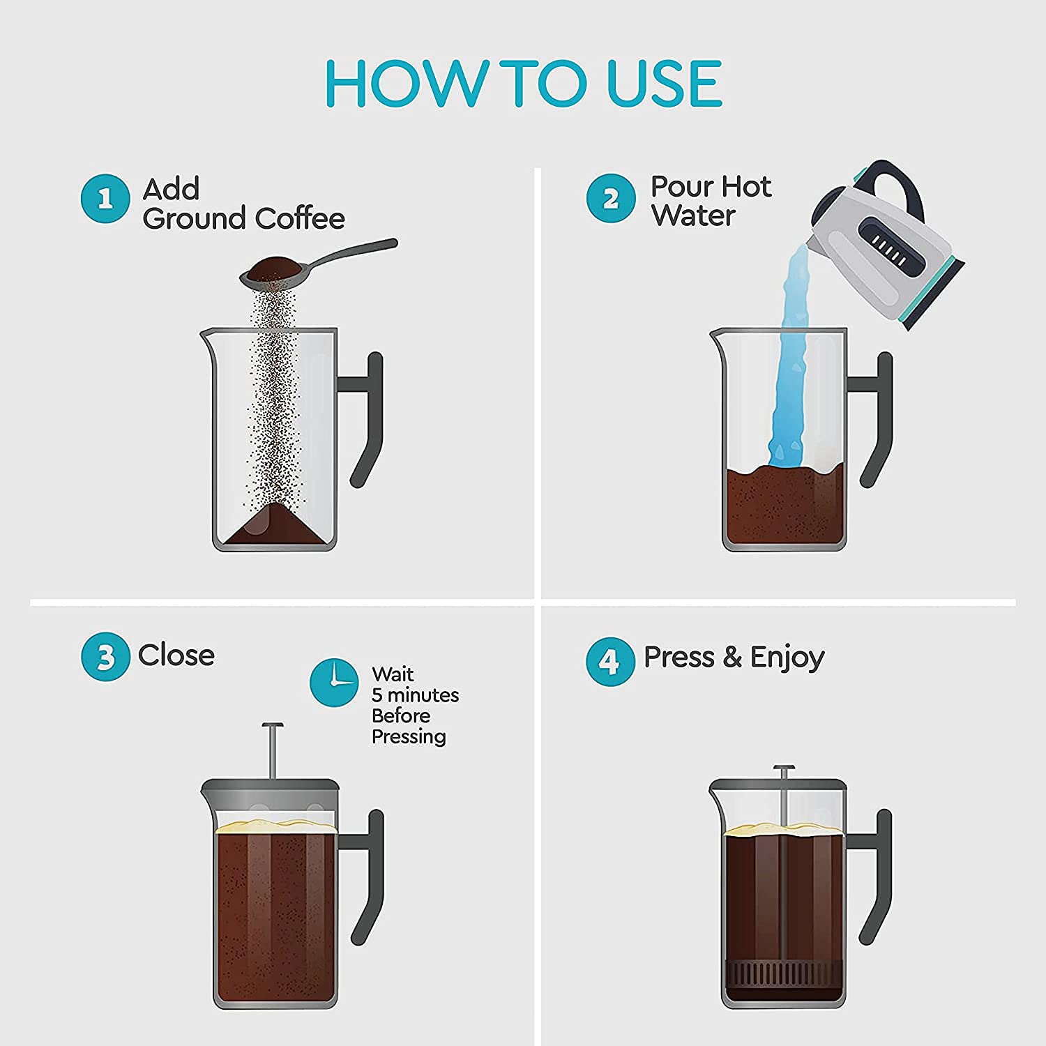 Belwares 50 Oz French Press Coffee Maker - Stainless Steel 304 Insulated Coffee Press with Double Wall & 4-Stage Filtration System (1.5L, Silver) - Perfect for Home, Office, Camping & Gifts