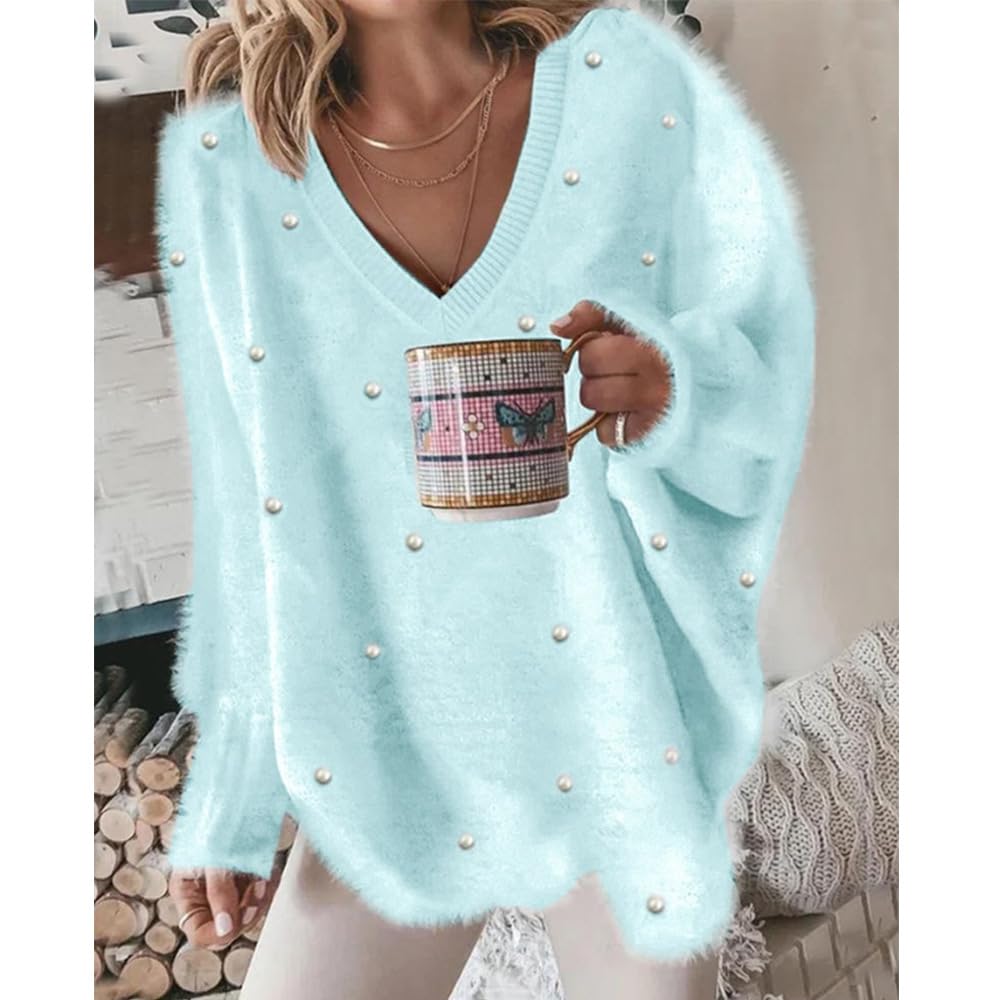 Trendy Women's Oversized Pearl Embellished V-Neck Pullover Sweater - Soft Knit Long Sleeve Top for Casual Outfits & Winter Layering