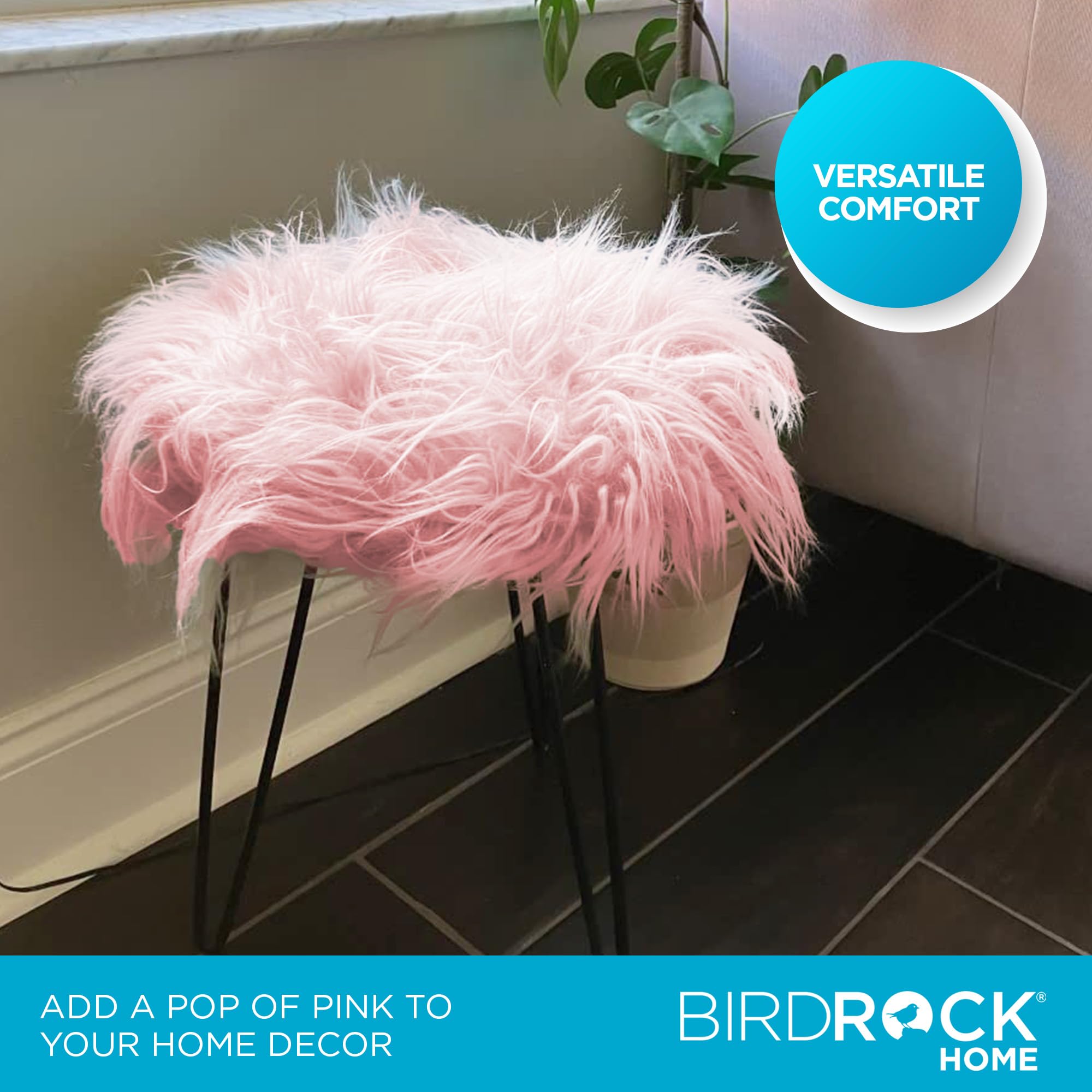 BIRDROCK HOME Round Faux Fur Foot Stool Ottoman with White Hairpin Legs - Soft Padded Vanity Seat Makeup Chair for Bedroom, Living Room & Kids Room - Cozy Pink Accent Furniture for Home Decor, Reading Nook & Dressing Area