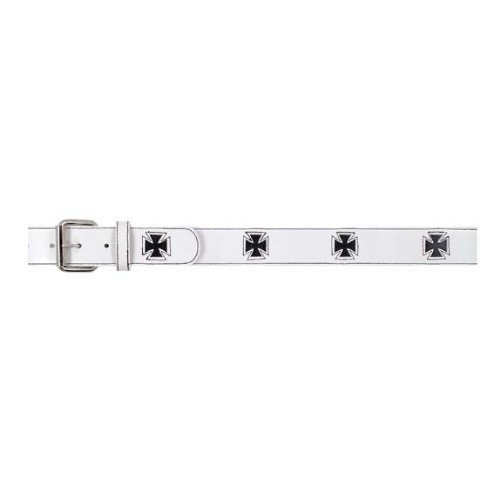 Black Iron Cross White Leather Belt for Men - Gothic Punk Fashion Accessory - Perfect for Biker, Rocker, and Alternative Style Outfits