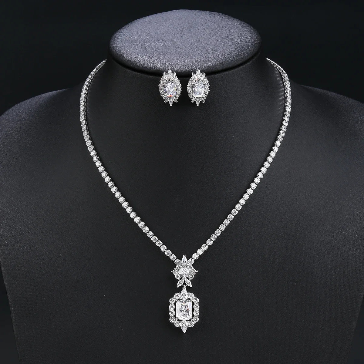 Elegant CZ Cubic Zirconia Pendant Necklace & Earrings Set - Bridal Wedding Jewelry for Women - Perfect Gift for Anniversary, Valentine's Day & Special Occasions - CN10198