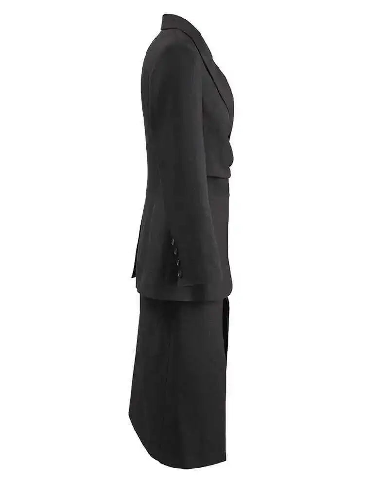 Elegant Black Blazer & Slit Skirt Two-Piece Suit for Women - Lapel Long Sleeve Fashion Set | Spring & Autumn 2025 Trendy Outfit | Perfect for Office Wear, Business Meetings & Formal Events