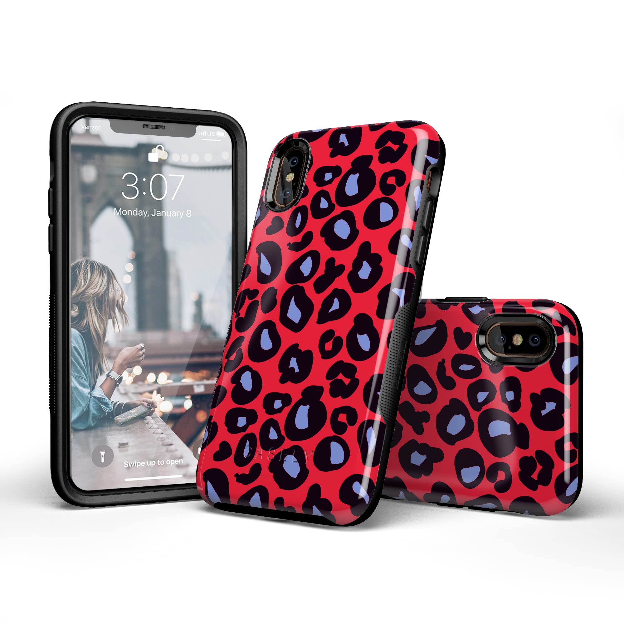 Casely iPhone X/XS Case - Stylish Red & Blue Leopard Print Protective Cover | Durable Slim Fit Phone Case for Women & Men | Perfect for Outdoor Adventures, Travel & Daily Use