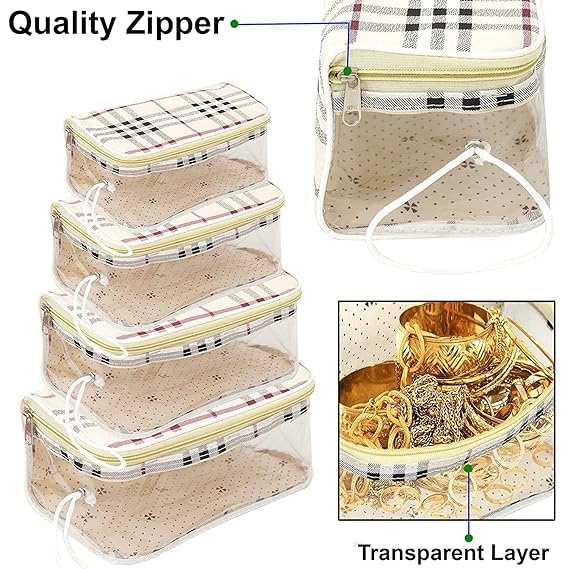 Epic Clear Travel Makeup Bag for Women - Waterproof Cosmetic Organizer Pouch Set of 4 with Checkered Pattern (White) - Perfect for Toiletries, Skincare & Travel Essentials Organization