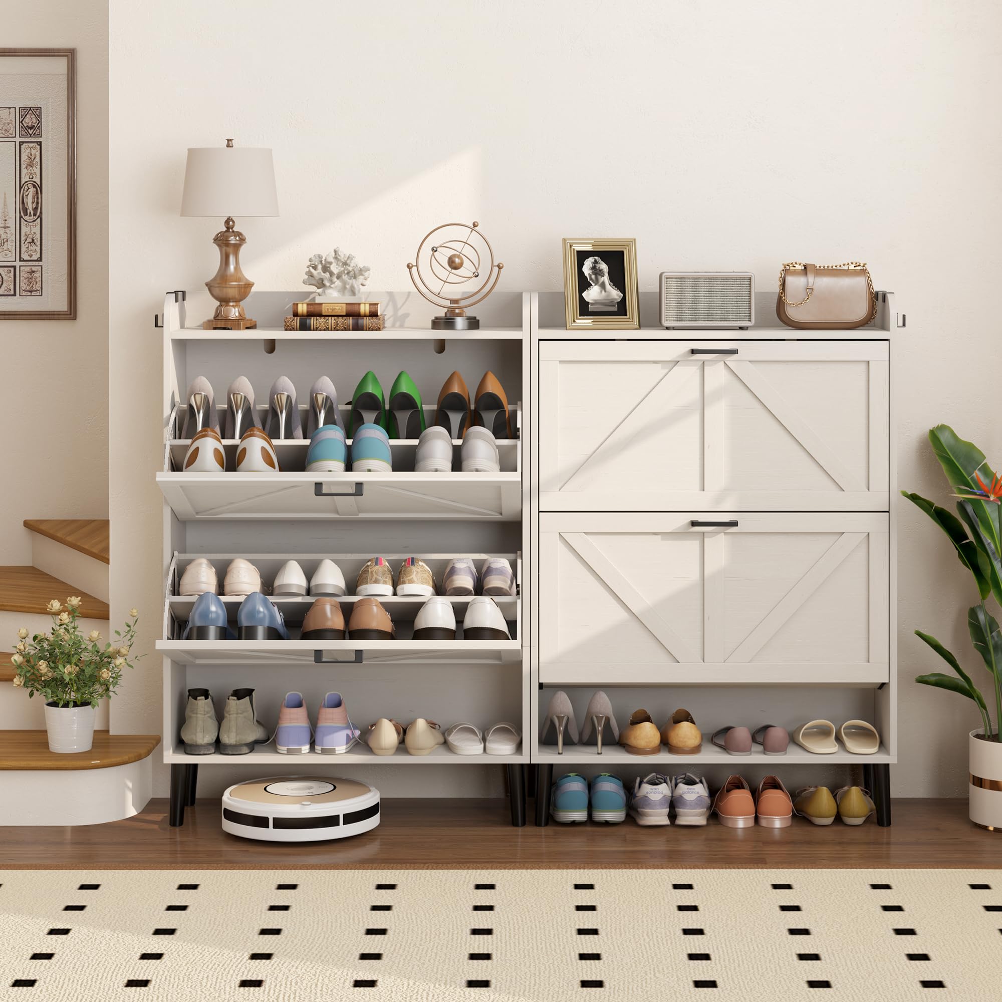 HOMEFORT Slim Shoe Storage Cabinet with 2 Flip Drawers - Narrow Entryway Shoe Organizer with Wood Legs, Farmhouse Hidden Shoe Rack for Front Door Entrance - Antique White - Perfect for Small Spaces & Clutter-Free Entryways