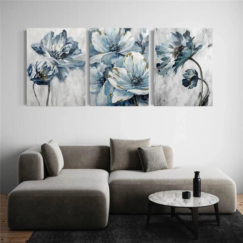3-Piece Abstract Blue Flowers Metal Wall Art - Ready to Hang Canvas Prints for Living Room, Bedroom & Office Decor