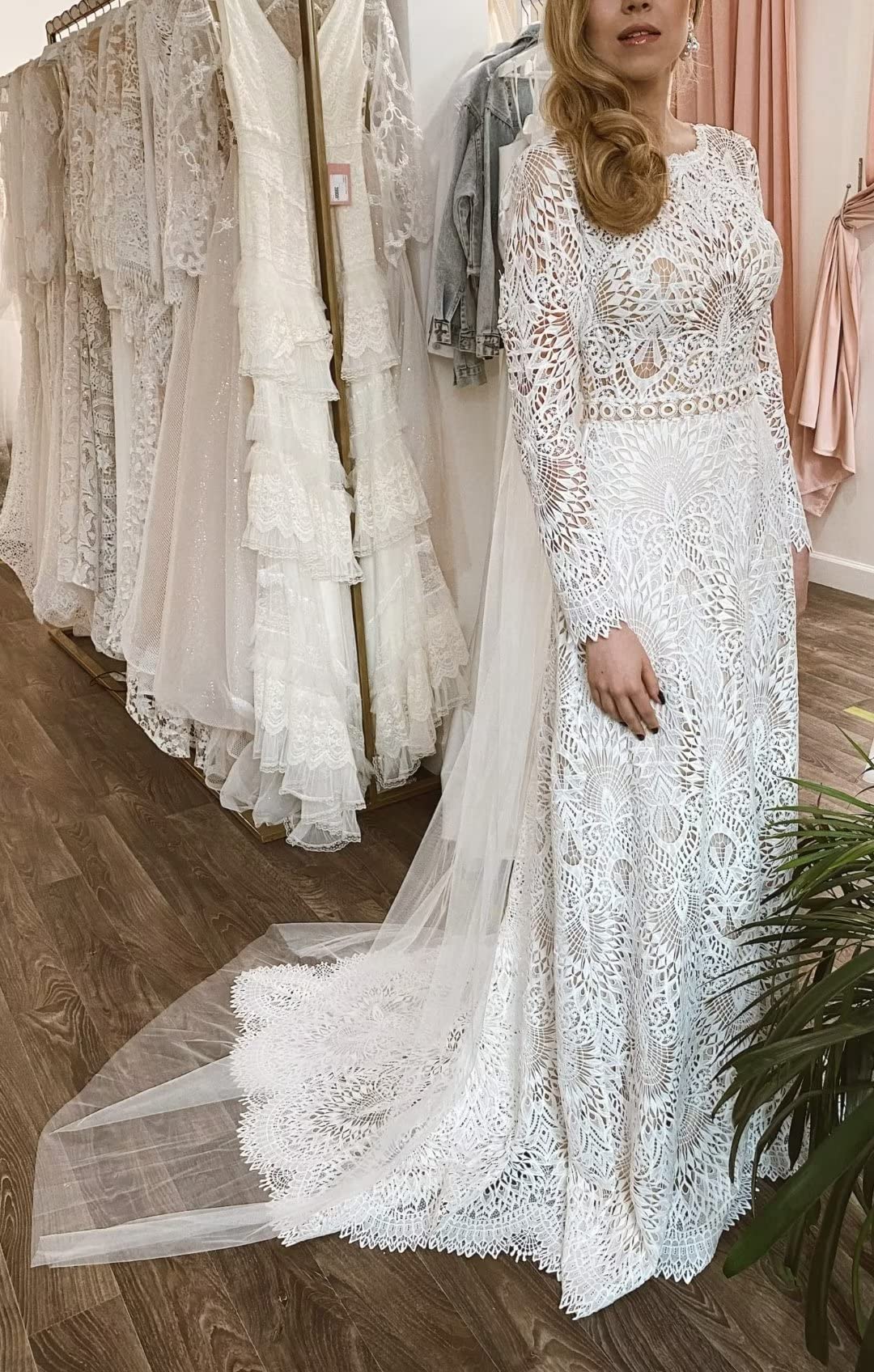Boho Lace Wedding Dress for Women - Long Sleeve Mermaid Bridal Gown with Train | Elegant Bohemian Style for Beach, Garden & Vintage Weddings