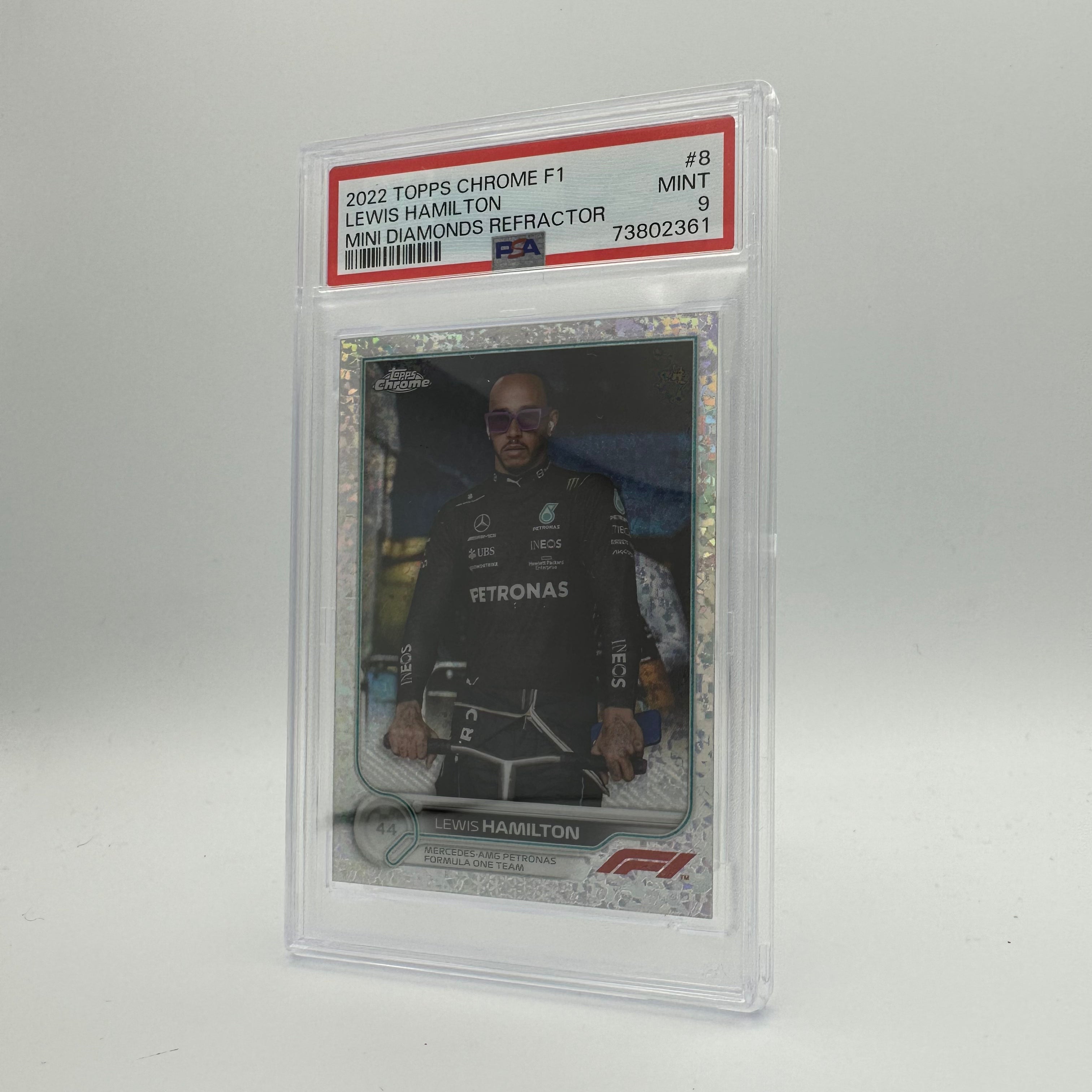 PSA 9 Lewis Hamilton #8 Mini Diamonds Refractor 068/299 - Rare F1 Racing Card for Collectors & Fans, Perfect for Display & Investment