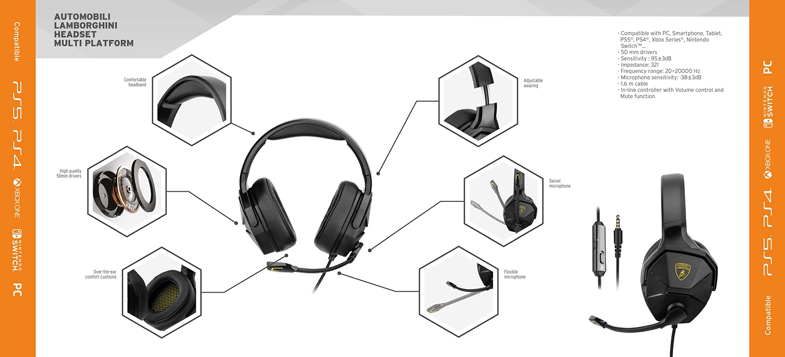 Lamborghini Gaming Headset with Microphone for PC, PS4, PS5, Xbox & Nintendo Switch - High Fidelity Sound for Immersive Gaming Experience
