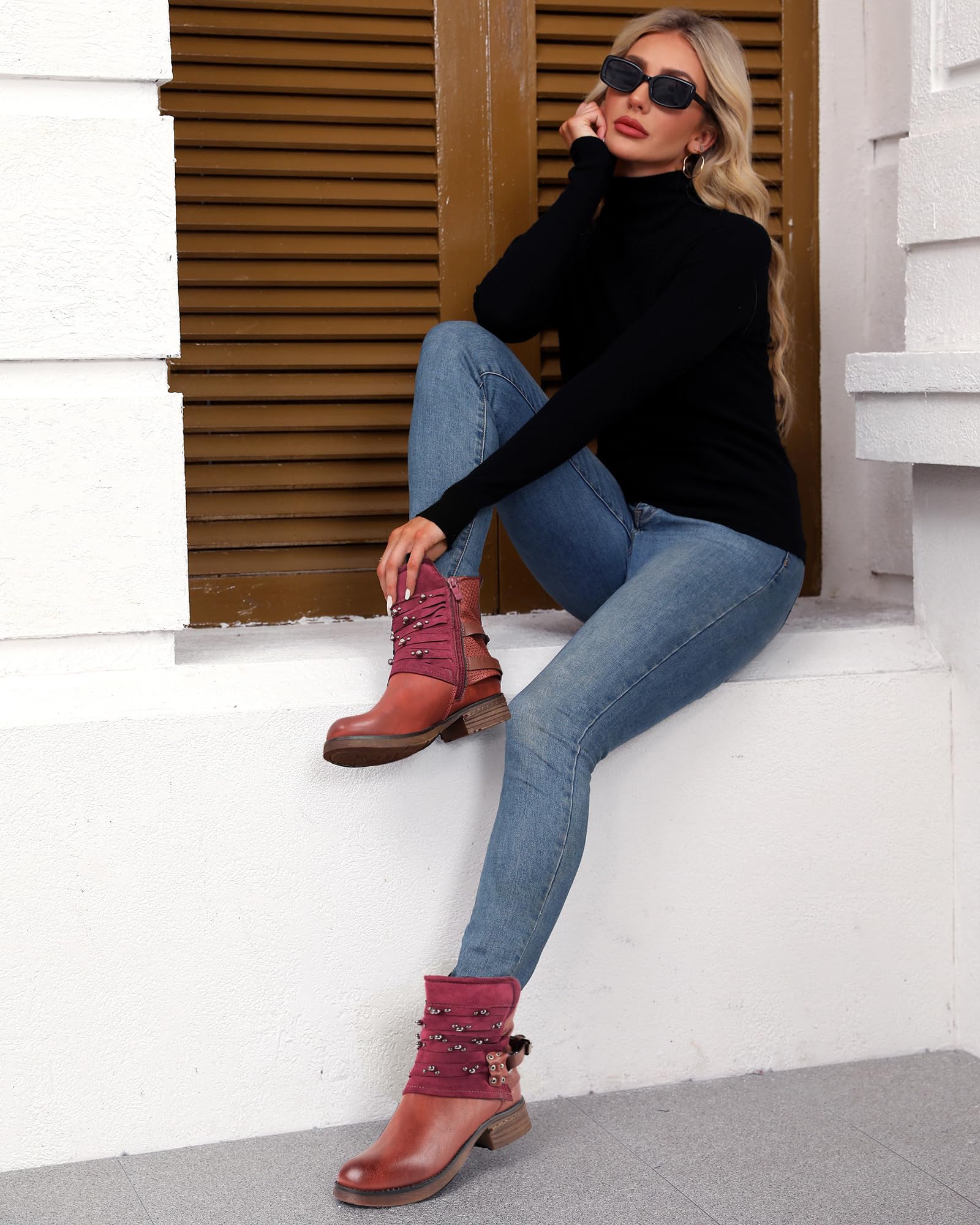 LALA IKAI Women's Chunky Heel Combat Boots - Studded Motorcycle Ankle Booties with Block Heel | Stylish Biker Shoes for Riding, Night Out & Street Fashion