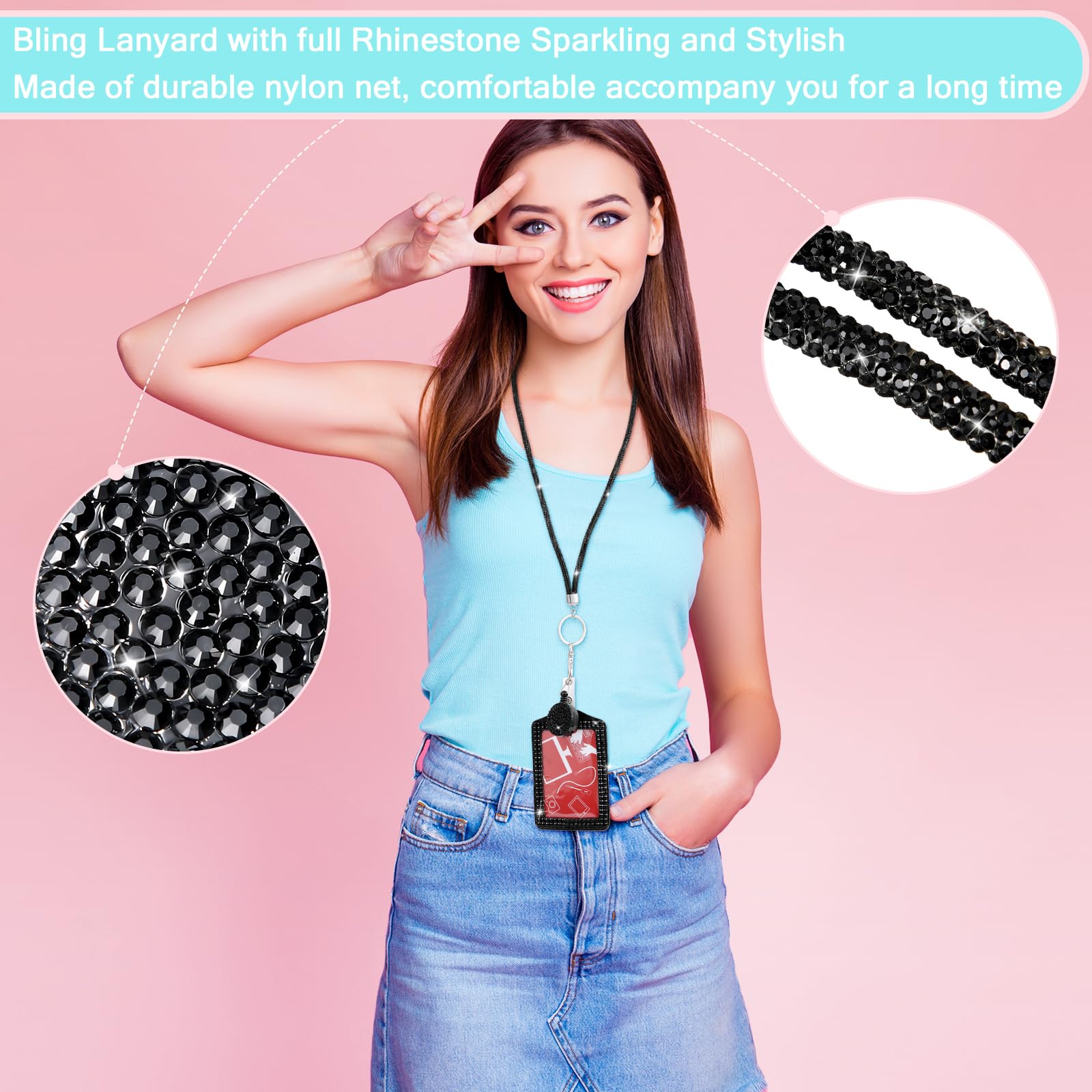 Rhinestone Bling Lanyards for ID Badges - Retractable Keychain for Women Office & Travel
