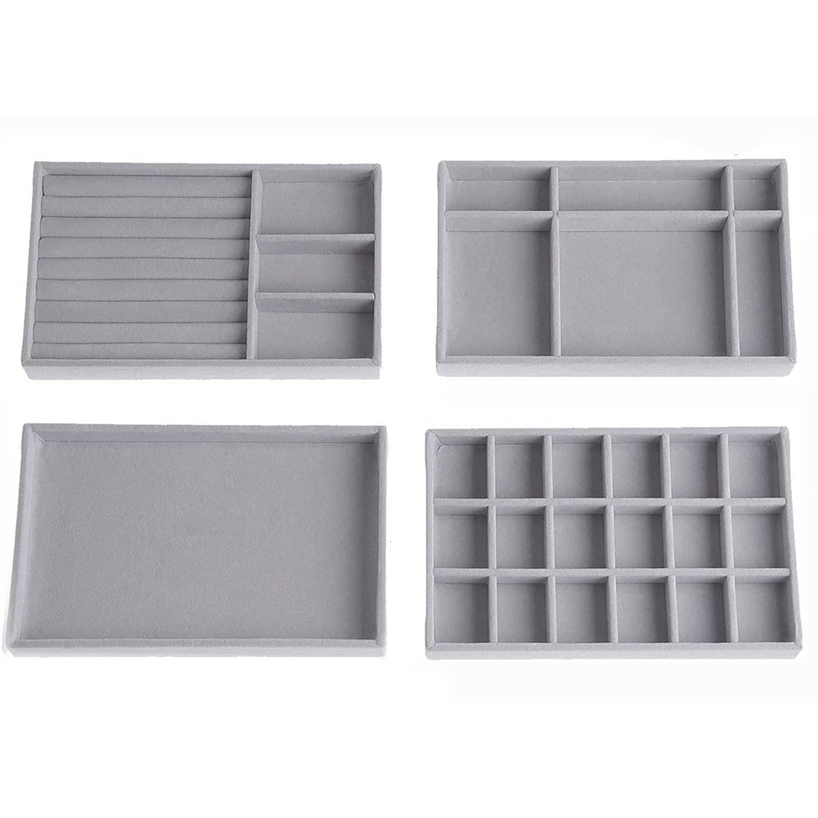 Velvet Jewelry Organizer Tray for Drawer - Stackable Jewelry Storage Inserts Set of 4 (Grey) | Perfect for Dresser, Vanity & Closet Organization | Jewelry Display & Accessories Storage Solution