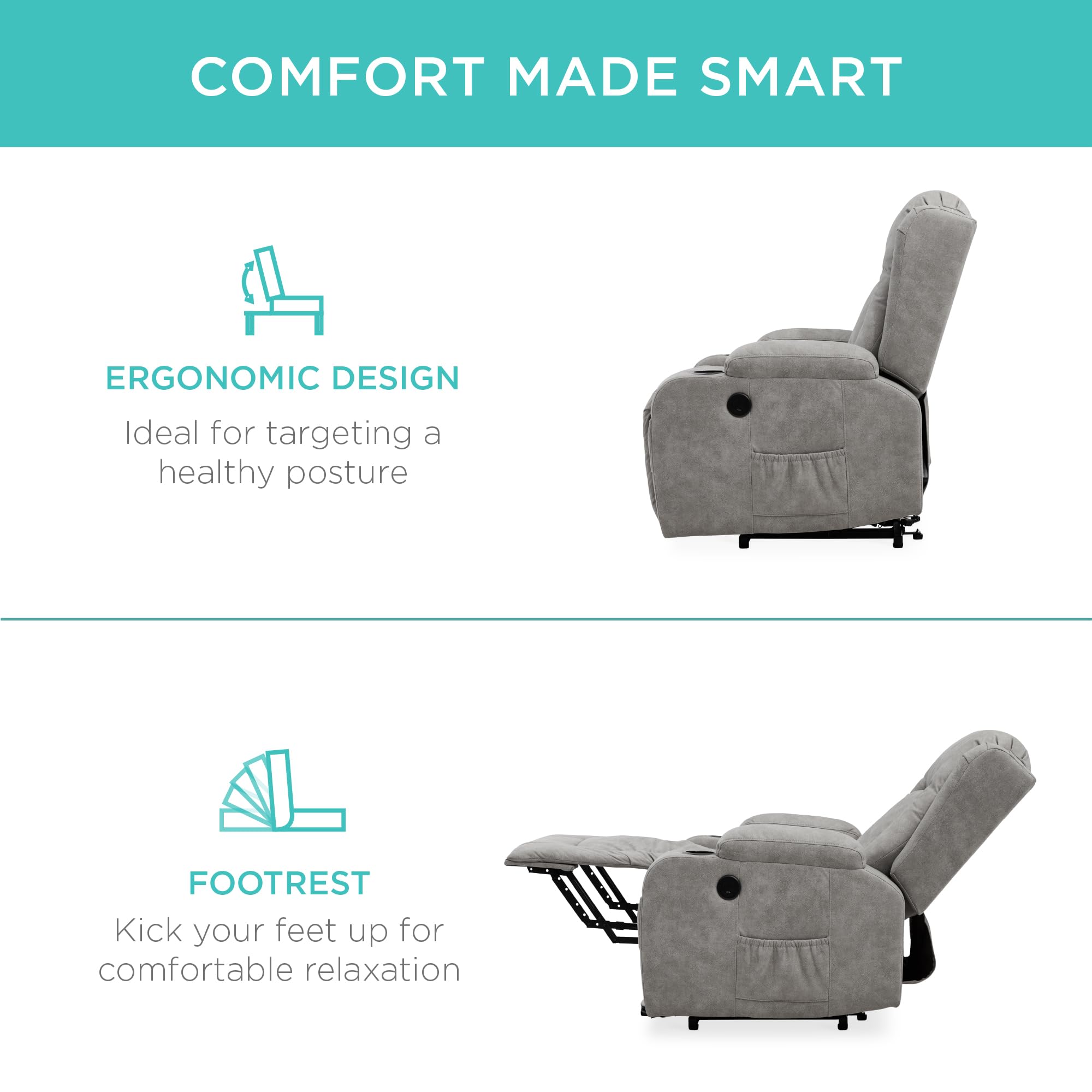 Best PU Leather Electric Power Lift Recliner Massage Chair with Heat & USB Port - Adjustable for Back & Legs, 3 Positions, Cup Holders - Gray - Perfect for Living Room, Home Theater & Elderly Comfort