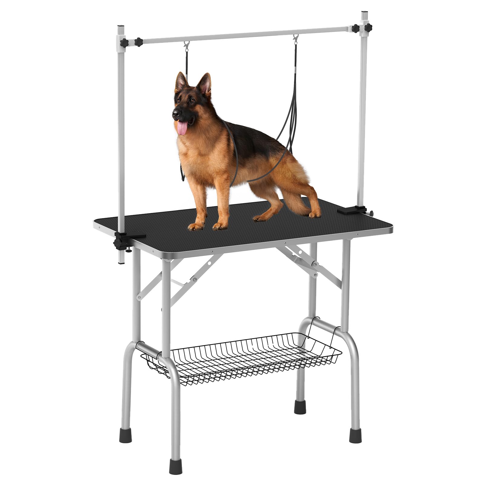Foldable Adjustable Height 36-inch Dog Grooming Table with Arm Noose & Mesh Tray - Portable Pet Grooming Station Supports Up to 300lbs (Dark Black) - Perfect for Professional Groomers, Home Pet Care & Mobile Grooming Services