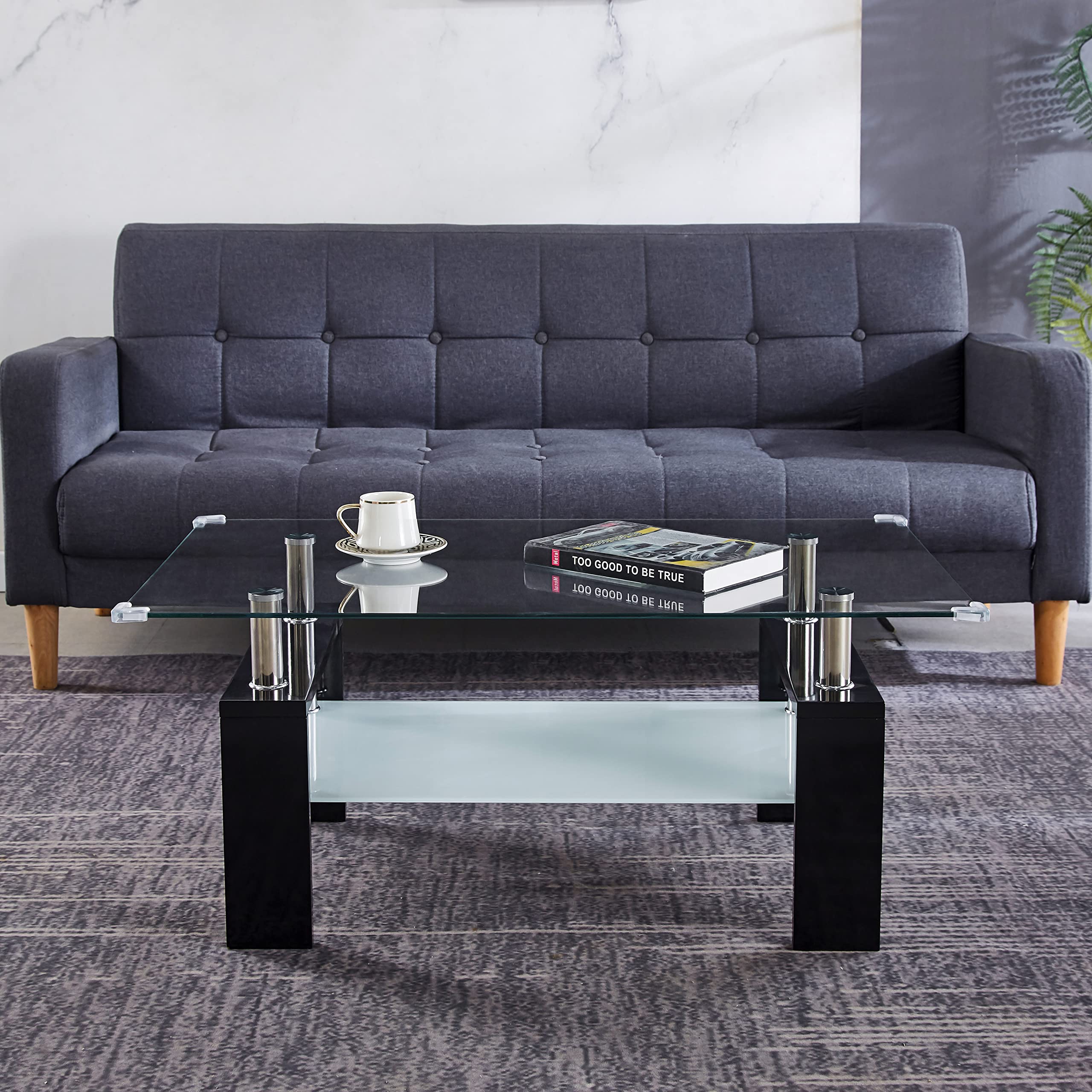 Modern Rectangle Glass Coffee Table with 2-Tier Design - Tempered Glass Top & Sturdy Wooden Legs - Black & Wood Finish - Perfect for Living Room, Lounge, or Office Decor