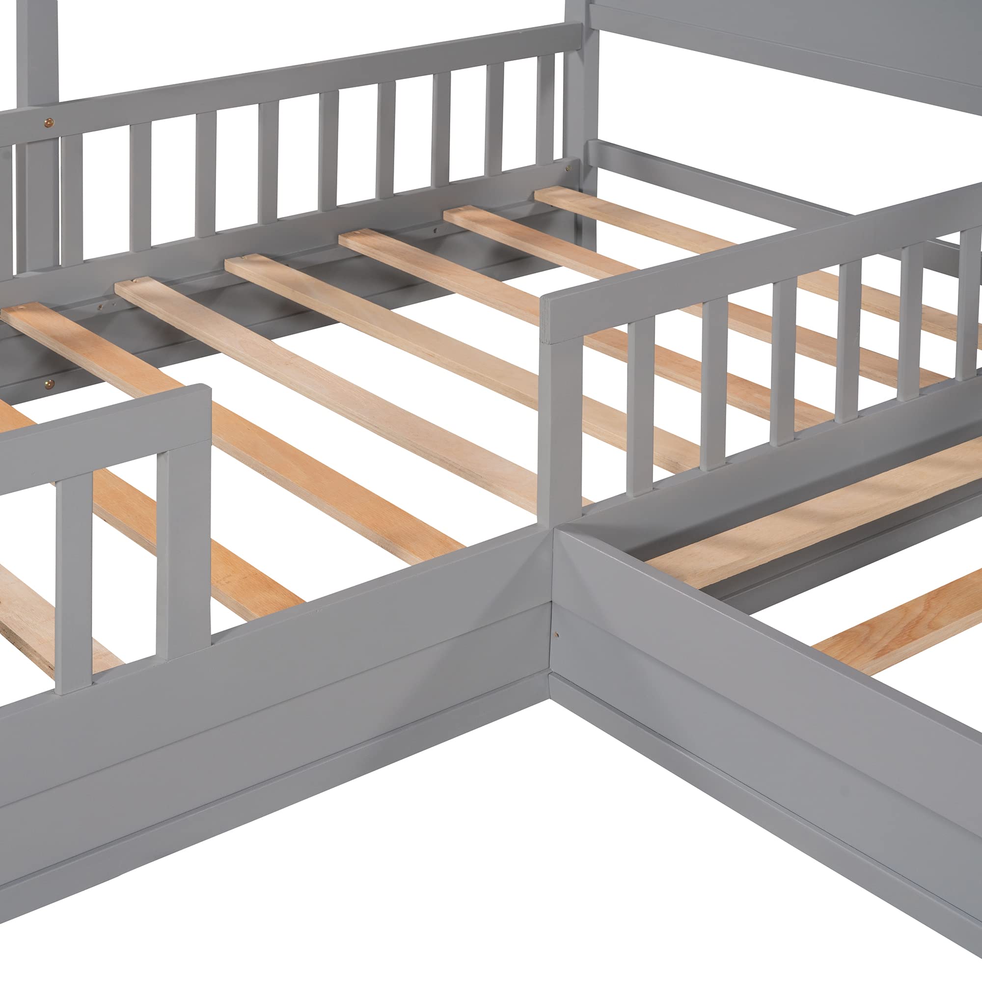 Polibi 2 Twin Size Solid Wood Low Platform House Bed with Roof & Window - No Box Spring Needed, Grey - Perfect for Kids' Bedrooms, Playrooms & Cozy Reading Nooks