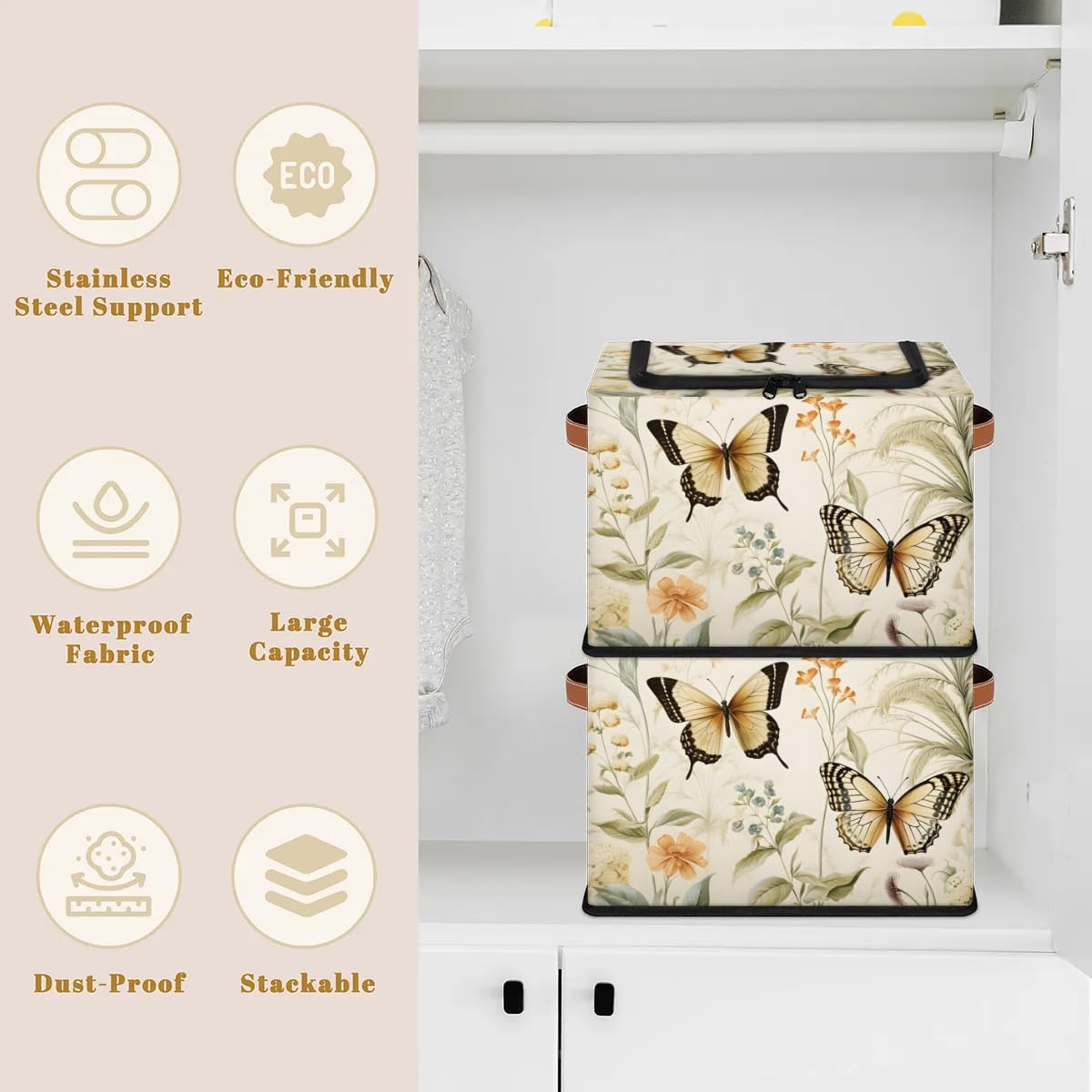 Yellow Butterfly Storage Boxes with Sturdy Handles - 2 Pack Zippered Storage Bins for Clothes, Toys & Home Organization - Perfect for Bedroom, Closet & Kids Room Storage Solutions