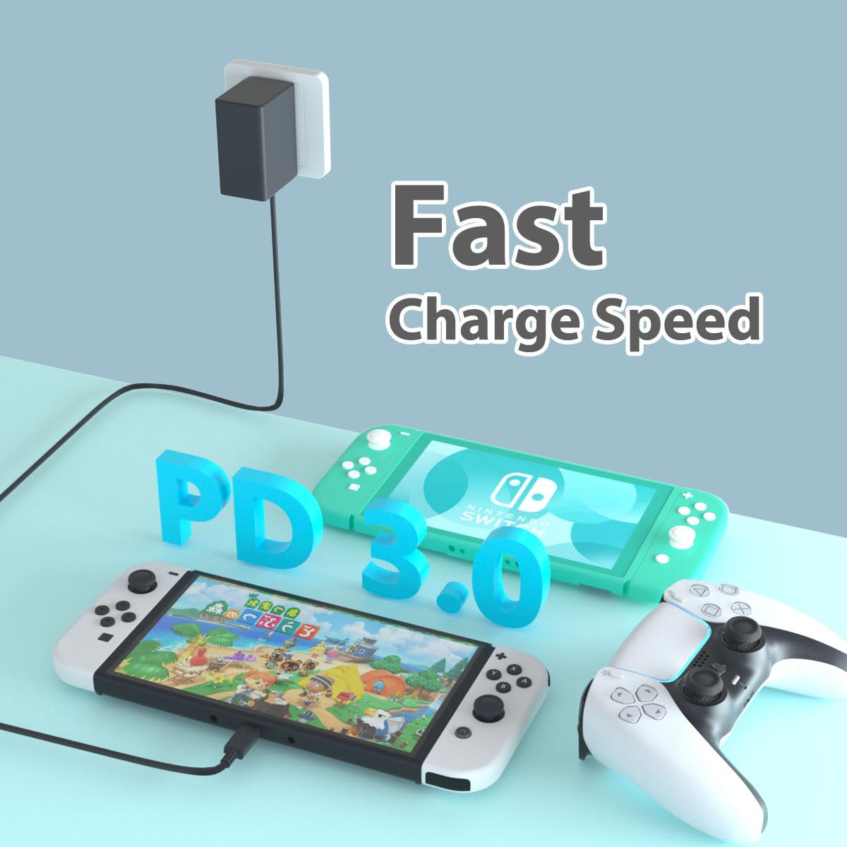 Nintendo Switch Charger - Fast Charging AC Power Adapter with 5FT Cable for Switch, OLED & Lite - TV Dock Mode Compatible - Perfect for Gaming at Home or Travel