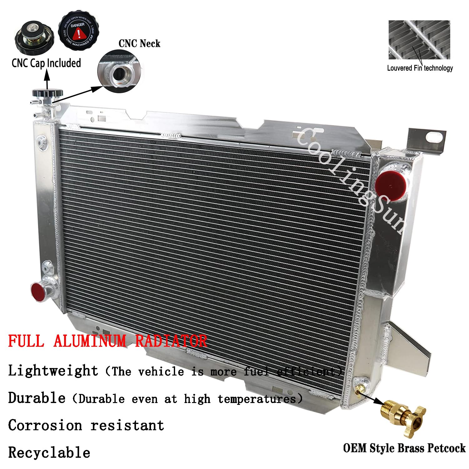 High Performance 62MM 4-Row Aluminum Radiator for 1985-1997 Ford F-Series (F150/F250/F350/F53/Bronco) 5.0L 5.8L 7.3L 7.5L V8 Engines - Includes Electric Fan Shroud & Thermostat Kit - Perfect for Off-Roading, Towing & Heavy-Duty Use