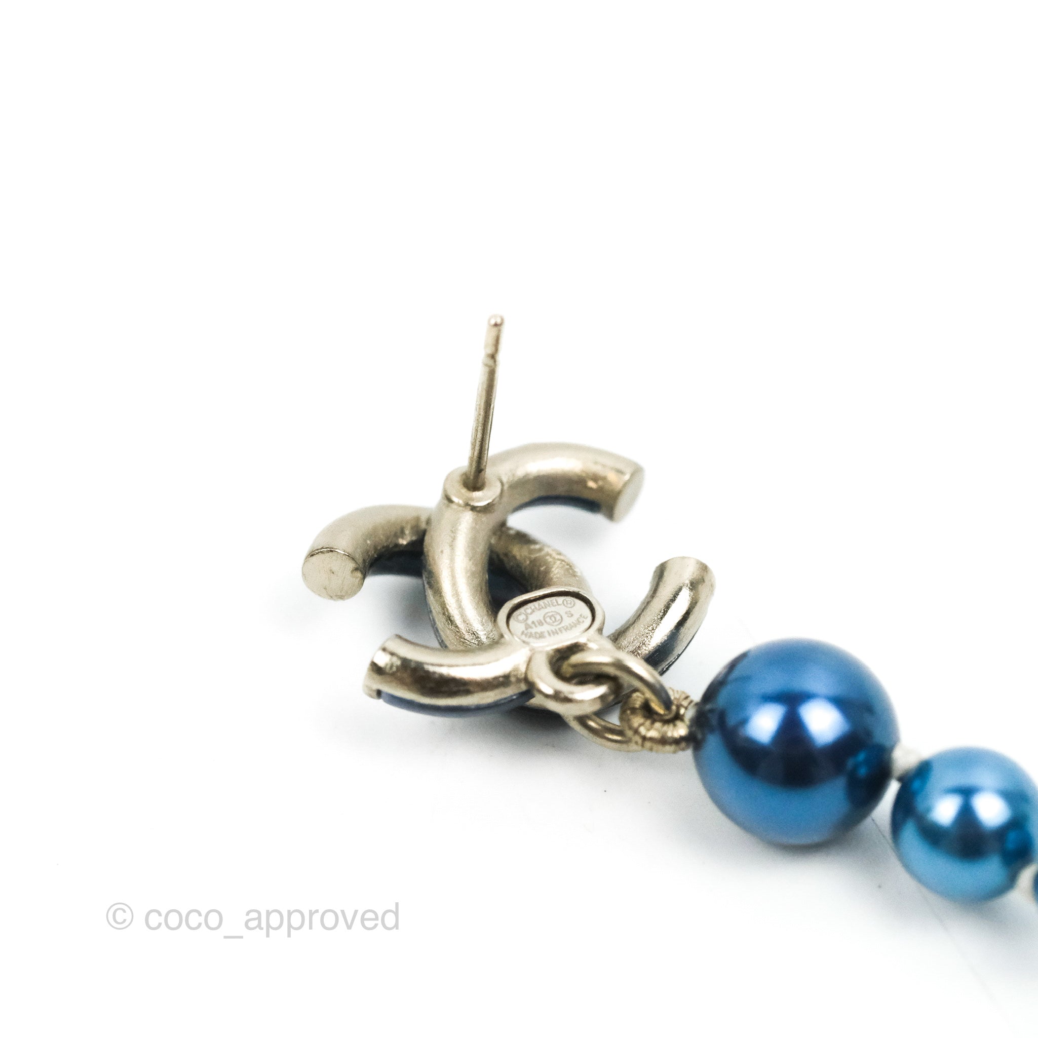 Chanel CC Blue Pearl Drop Earrings - Silver Tone 18S - Elegant Pearl Dangle Earrings for Women | Perfect for Weddings, Parties & Special Occasions