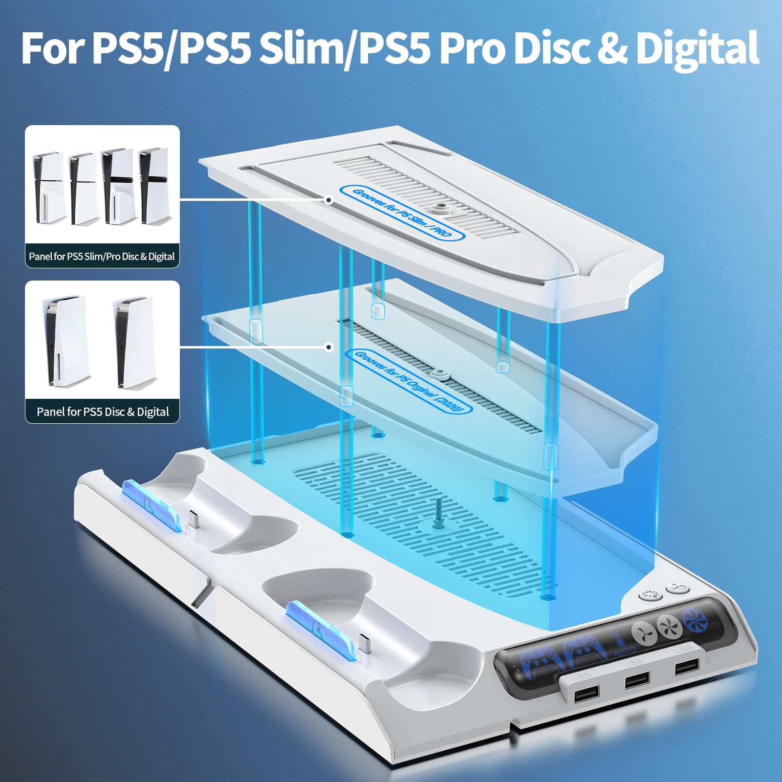 KDD PS5/Slim/Pro Cooling Stand with Dual Controller Charger - Universal Cooling Base Station for PlayStation 5 Disc & Digital Editions - Auto Temp Control Cooling Fan & 9 LED Lights - Perfect for Gaming Marathons & Controller Organization