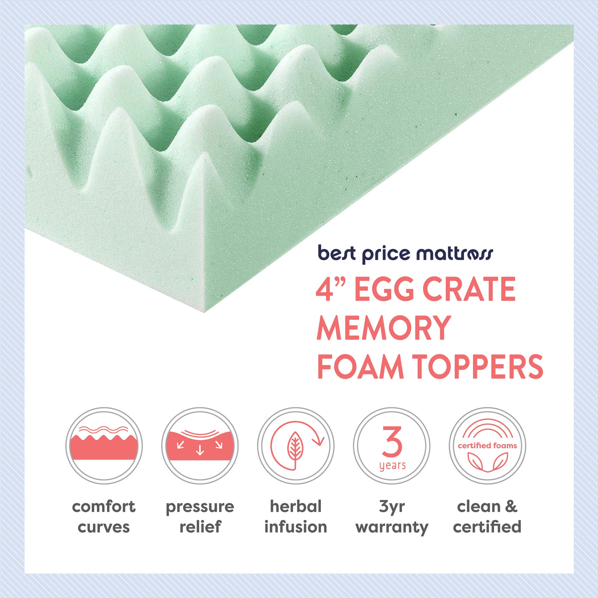 4 Inch Egg Crate Memory Foam Mattress Topper with Aloe Infusion - CertiPUR-US Certified, Cooling Comfort for Short Queen Beds | Perfect for Guest Rooms, Dorms & RV Sleeping