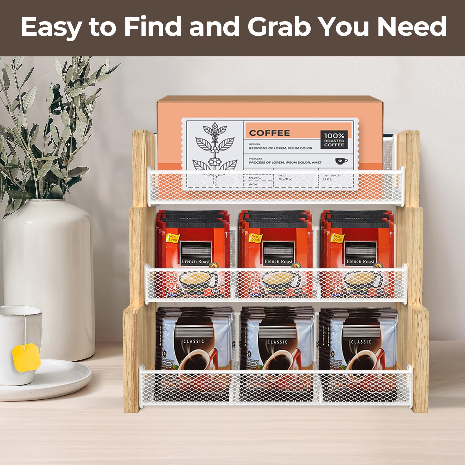 TJ.MOREE 3-Tier Solid Wood Tea Bag Organizer & Storage Box - Perfect for Tea, Coffee, Sugar Packets & Creamers - Ideal for Kitchen Countertop, Office, Cabinet Pantry & Home Organization (White)
