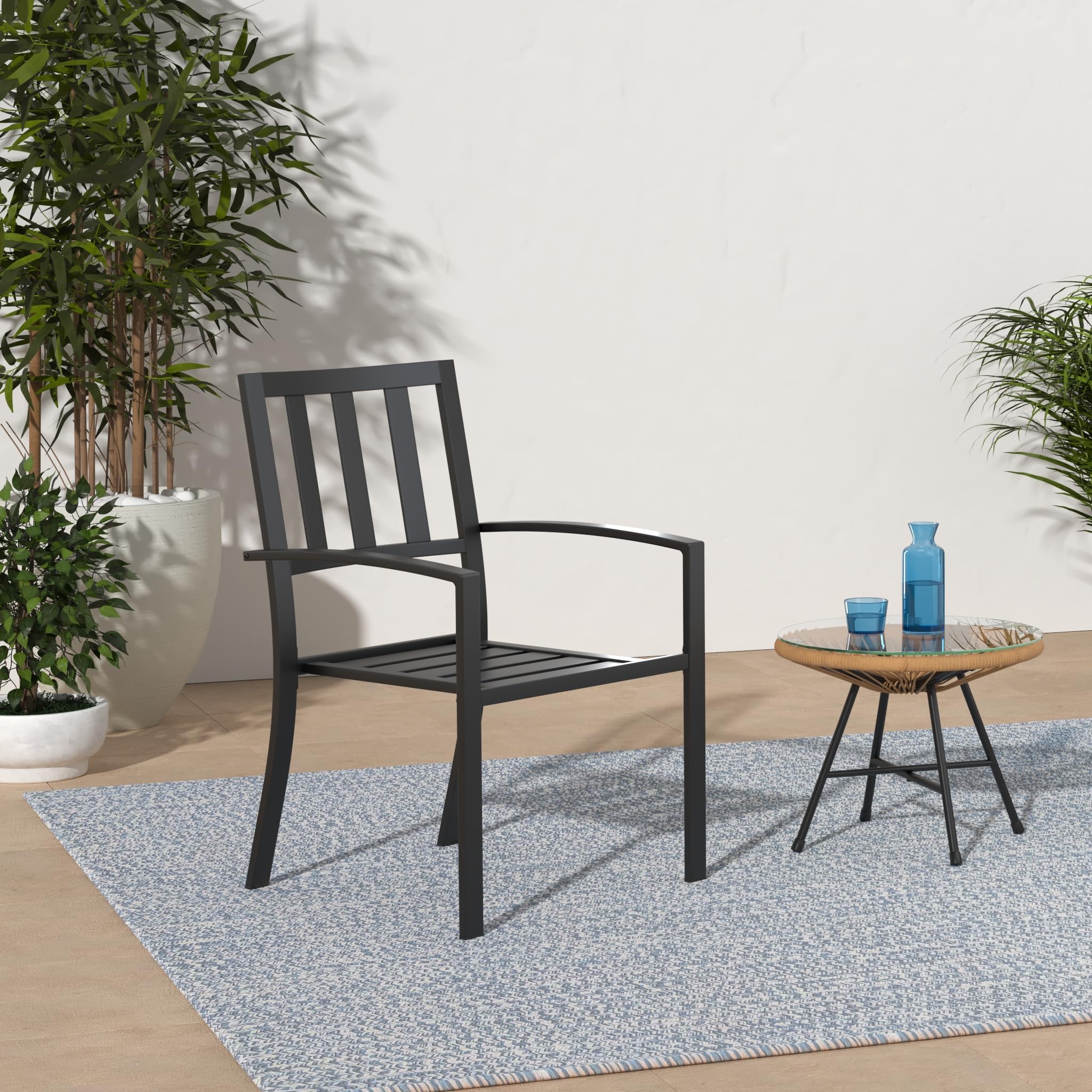 PHI VILLA Wrought Iron Patio Dining Chairs - Set of 2 Stackable Black Metal Bistro Chairs for Indoor & Outdoor Use, Garden, Lawn, Deck - Supports 300 lbs - Perfect for Backyard Dining, Poolside Relaxation, and Outdoor Entertaining