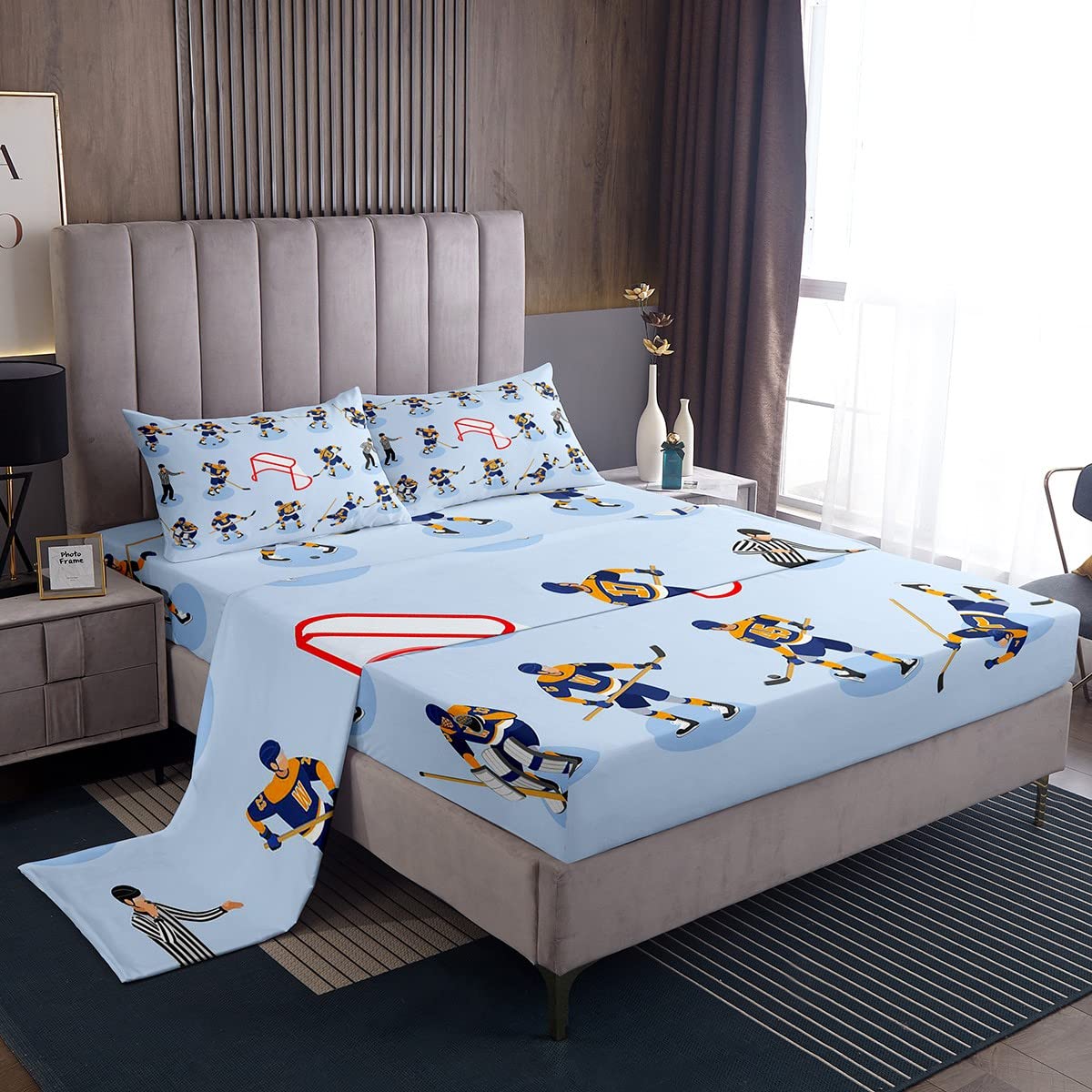 **Ice Hockey Bedding Set Queen Size - Ultra Soft Fitted & Flat Sheet for Kids, Boys, Teens - Youth Sports Teamwork Theme in Blue & Yellow - Perfect for Winter Events, Game Nights & Hockey Fan Bedrooms**