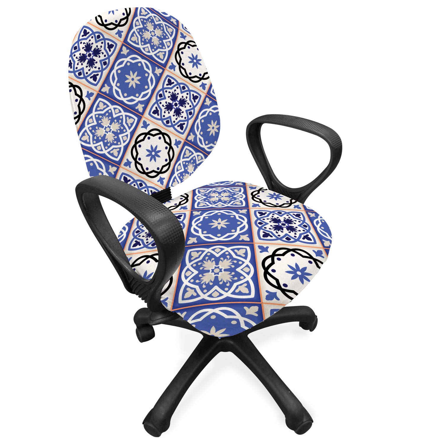 Ambesonne Moroccan Office Chair Slipcover - Geometric Tile Squares Azulejo Design Stretch Fabric Cover - Standard Size Washable Chair Cover in Violet Blue Black & Cream - Perfect for Home Office, Study Room & Workspace Decor