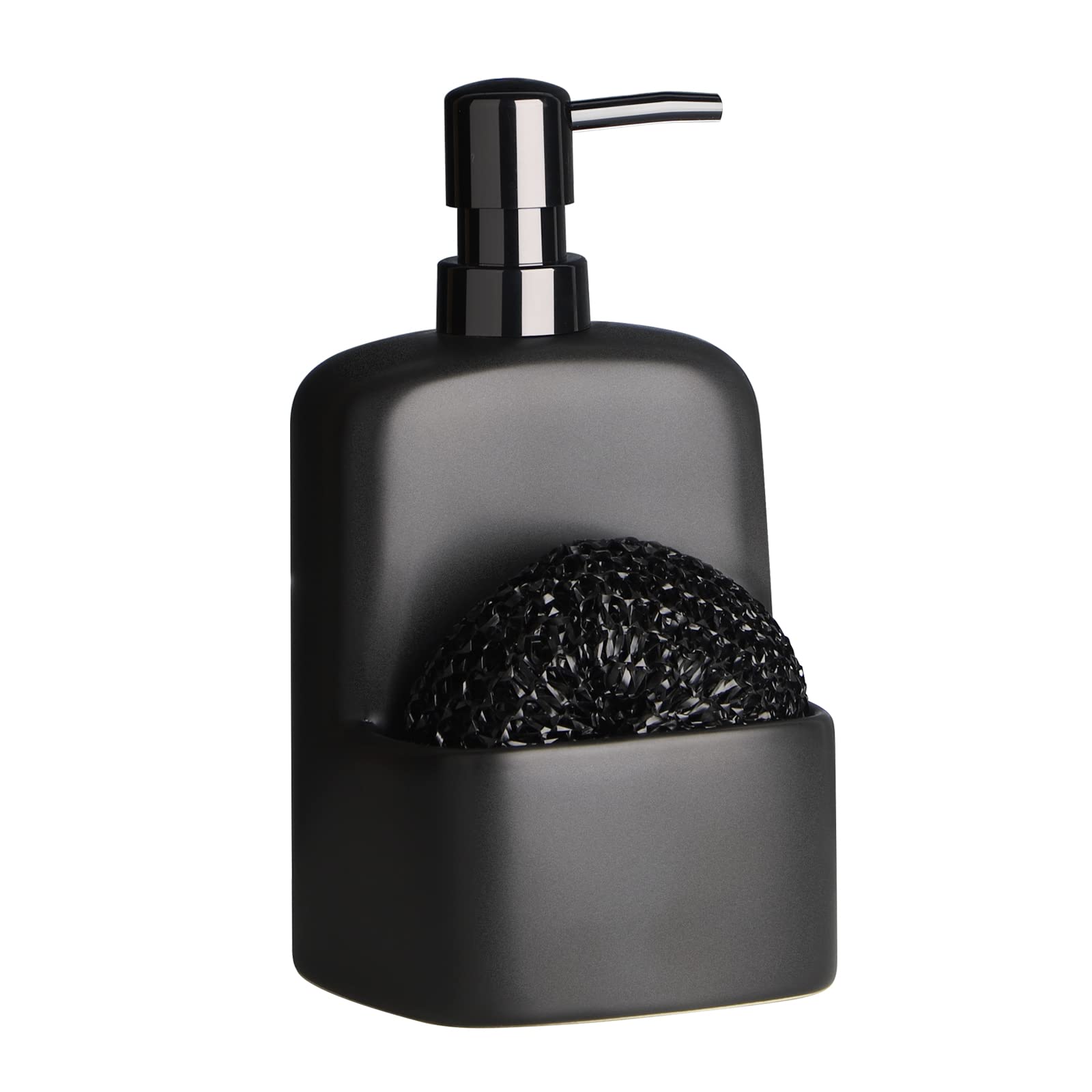 BosilunLife Black Ceramic Dish Soap Dispenser with Sponge Holder - 20oz Matte Kitchen Soap Pump & Sponge Caddy for Sink Countertop - Perfect for Kitchen, Bathroom, and Office Cleaning Organization