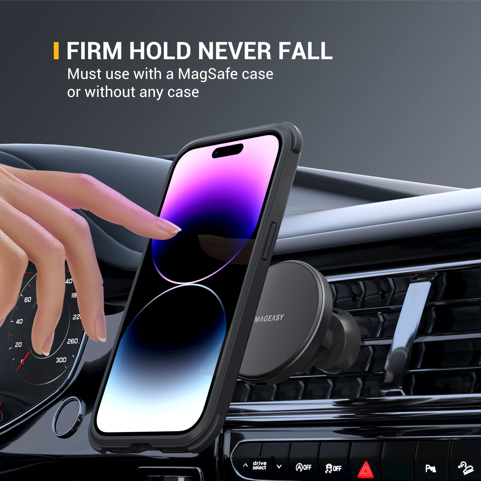 MAGEASY Premium Magnetic Wireless Car Charger - Fast Charging MagSafe Car Mount for iPhone 15/14/13 & Qi-Compatible Phones | Secure Phone Holder for Driving, Commuting & Road Trips