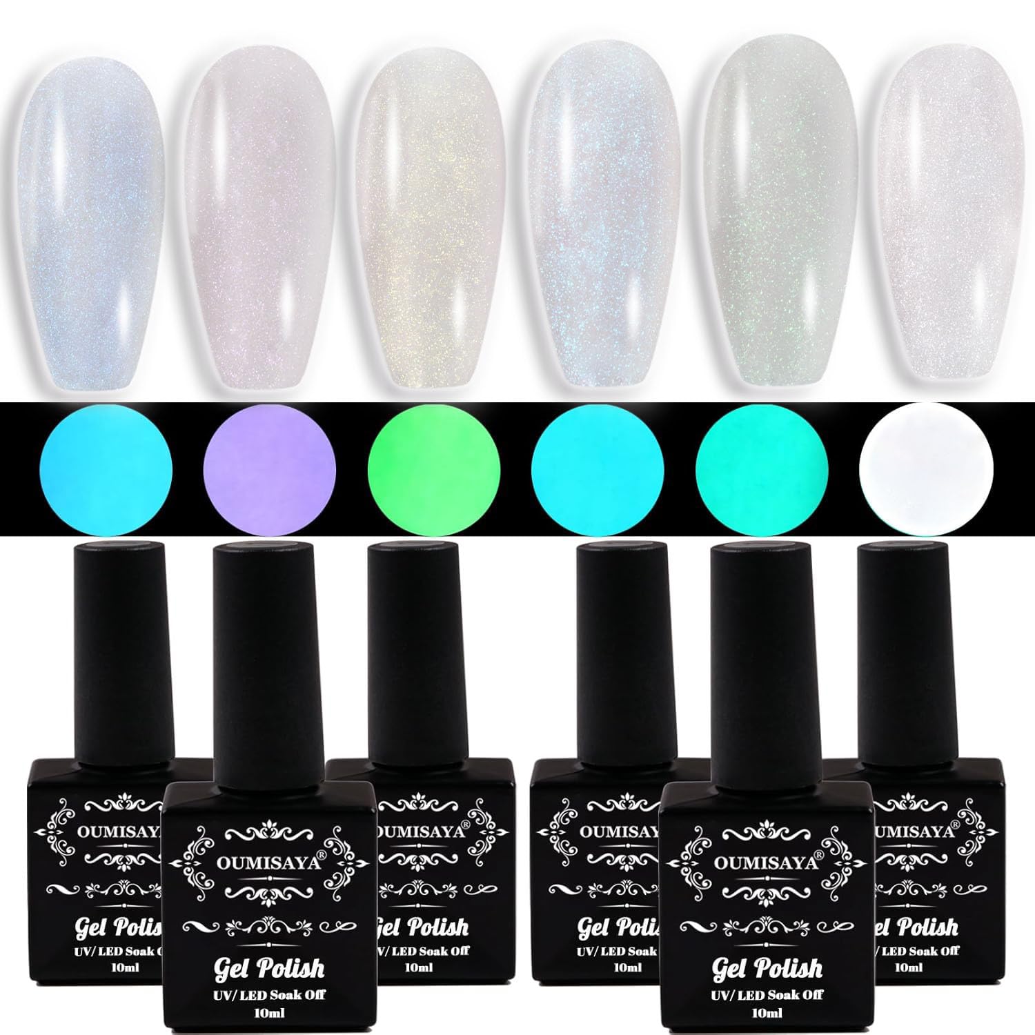 Glow in The Dark Gel Nail Polish Set - 6 Semi-Transparent Colors with Sparkling Glitter Top Coat | Long-Lasting UV/LED Nail Art for Parties, Halloween & Night Events