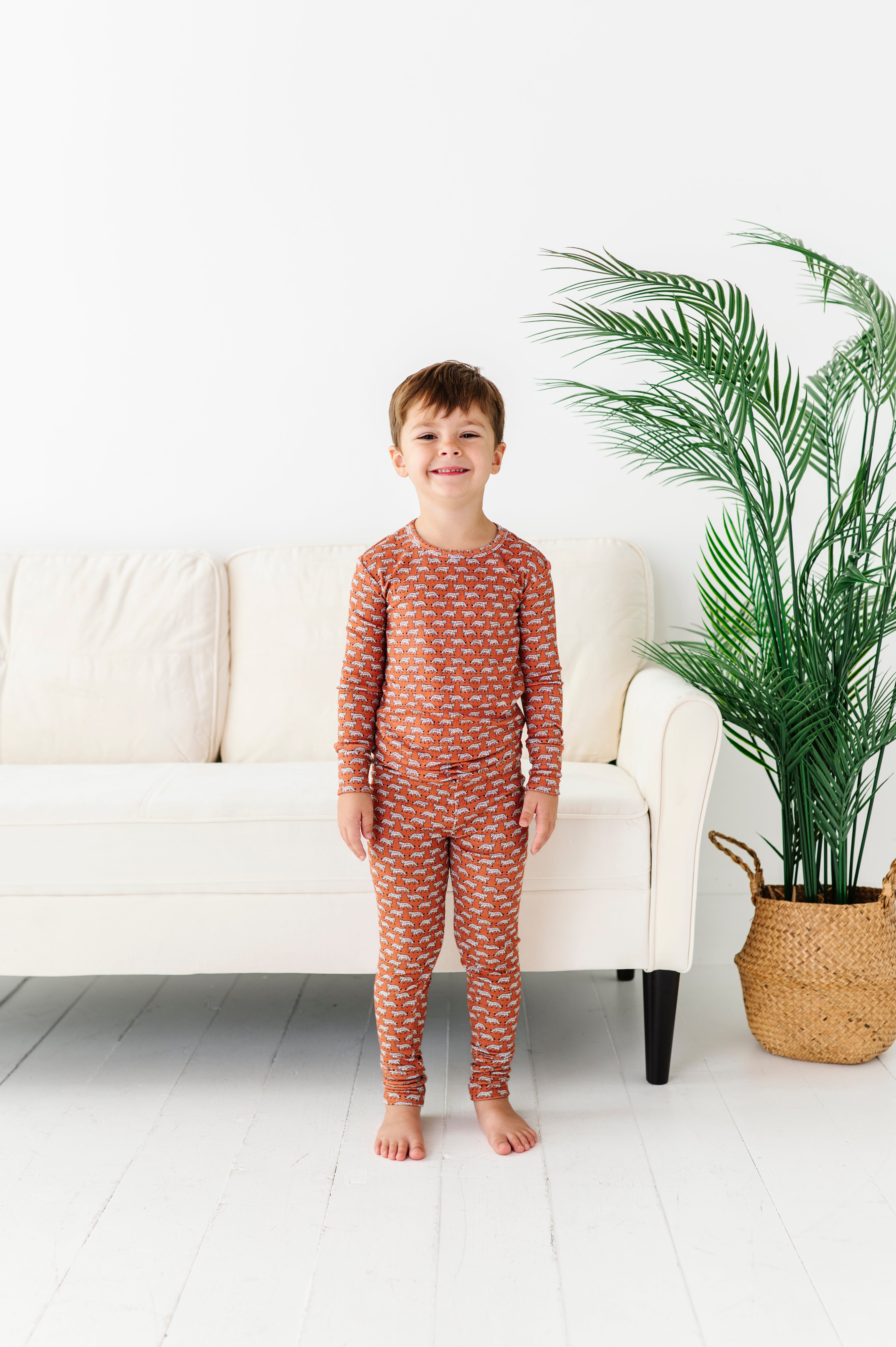 Terracotta Tigers Ribbed Two-Piece Pajama Set for Women - Soft Cotton Sleepwear for Cozy Nights & Relaxing at Home