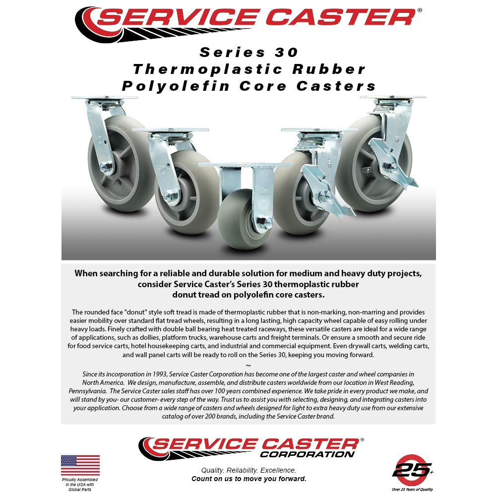Heavy Duty 6 Inch Thermoplastic Rubber Donut Tread Caster Wheels with Rigid Top Plate - 500 lbs Capacity per Caster - Service Caster Brand - Ideal for Industrial Equipment, Warehouse Carts, and Heavy-Duty Workbenches